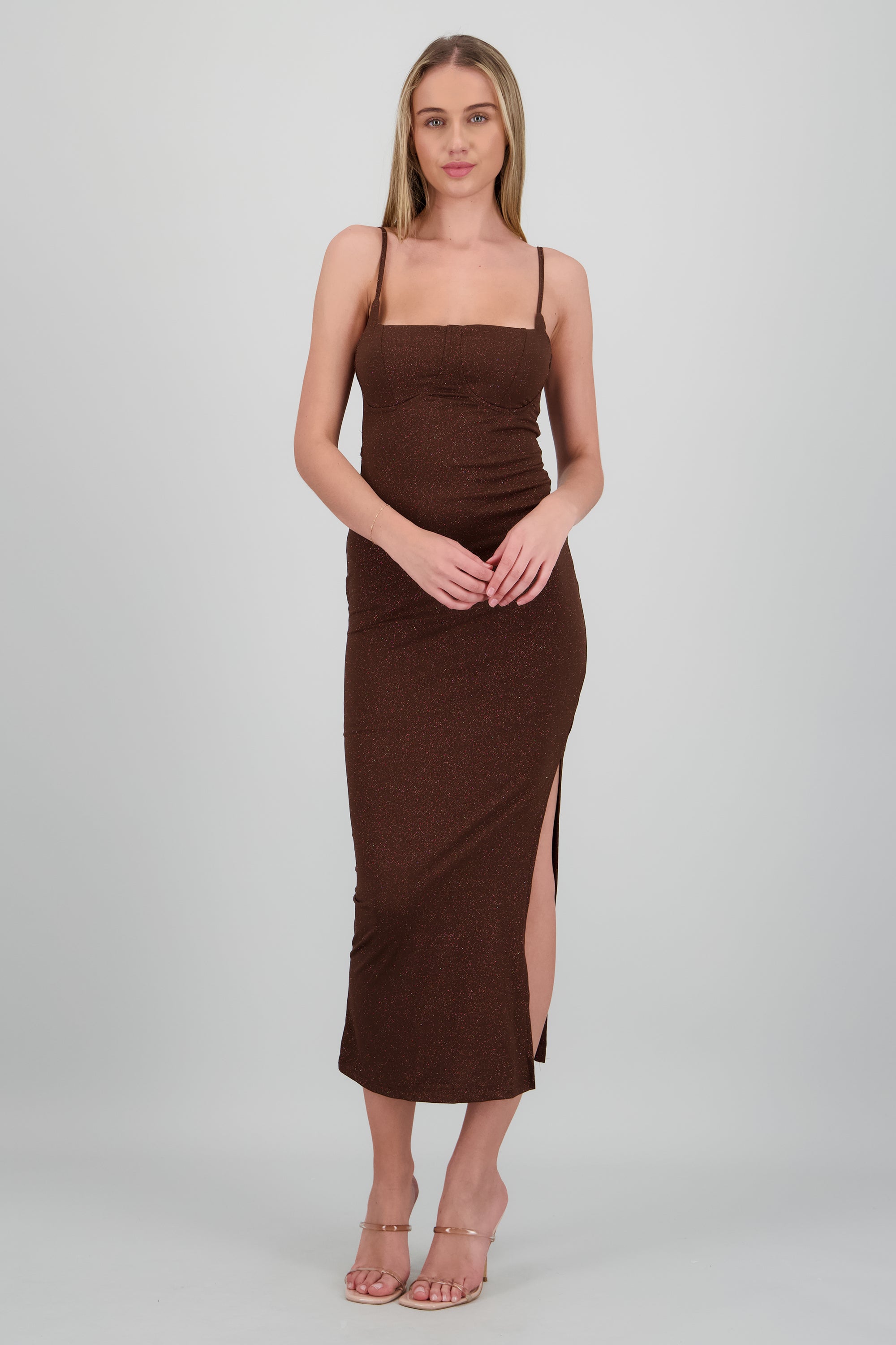 Vestido brillos liso CAFE