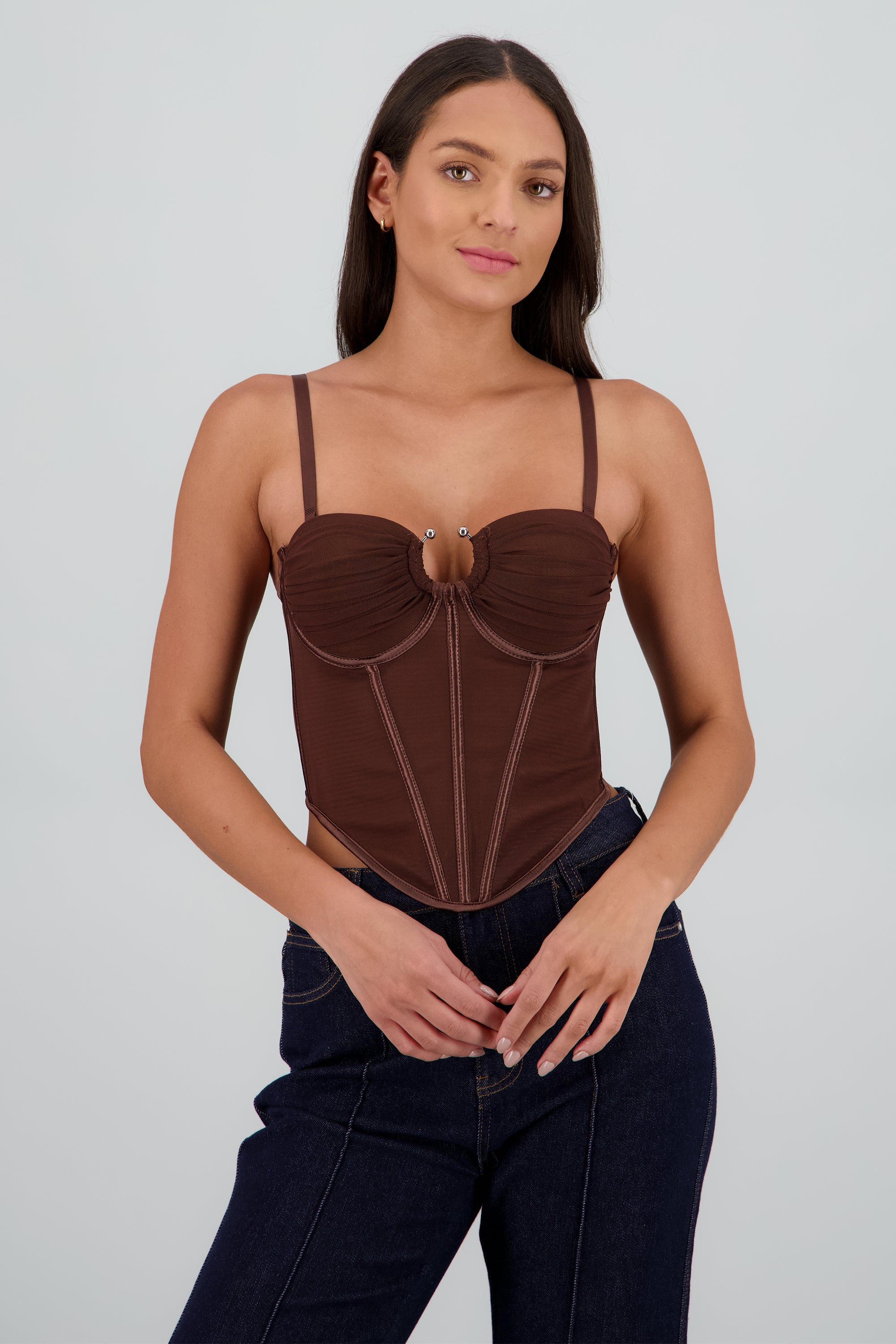 Corset mesh detalle drapeado copas CHOCOLATE