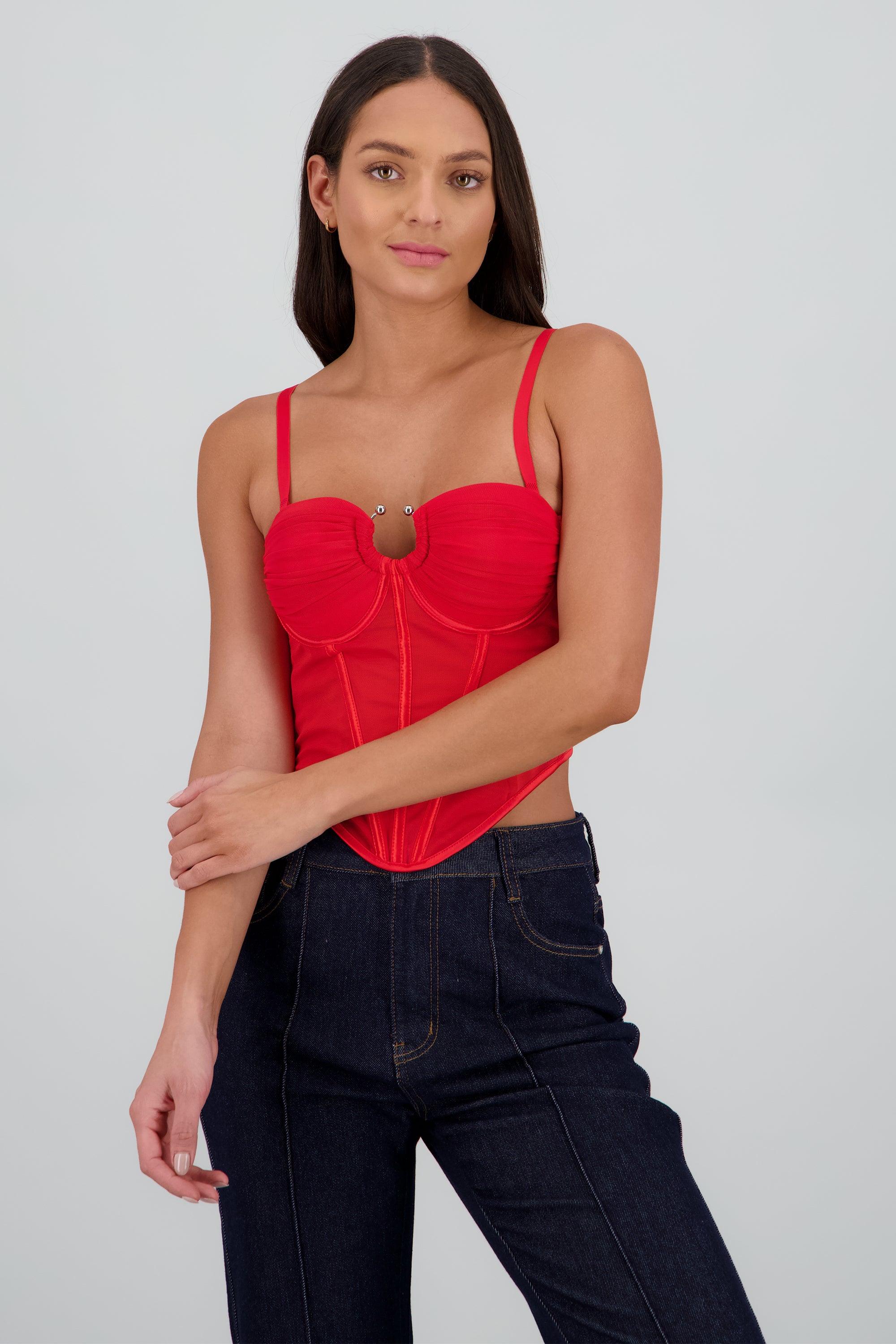 Corset mesh detalle drapeado copas ROJO