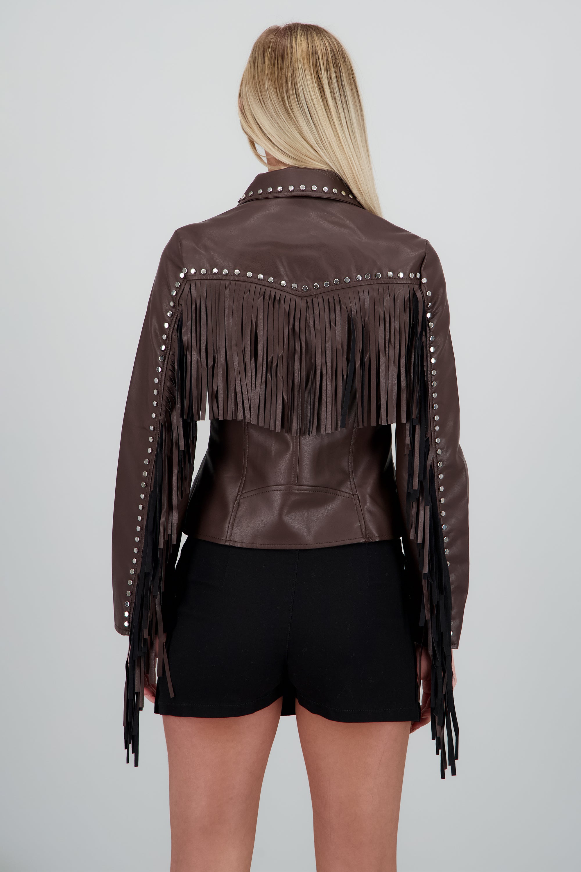 Chamarra cruzada pu fringe CHOCOLATE