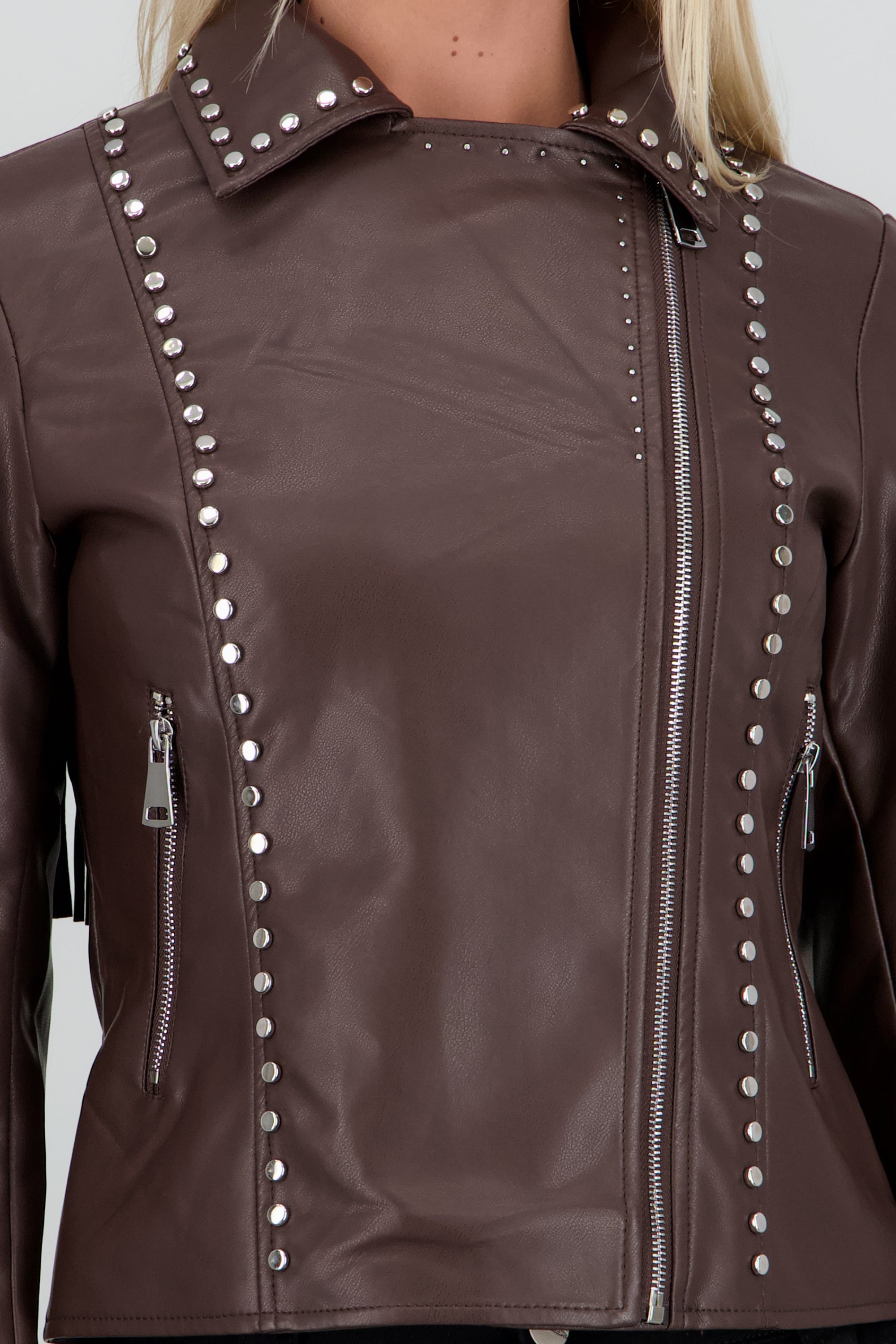 Chamarra cruzada pu fringe CHOCOLATE