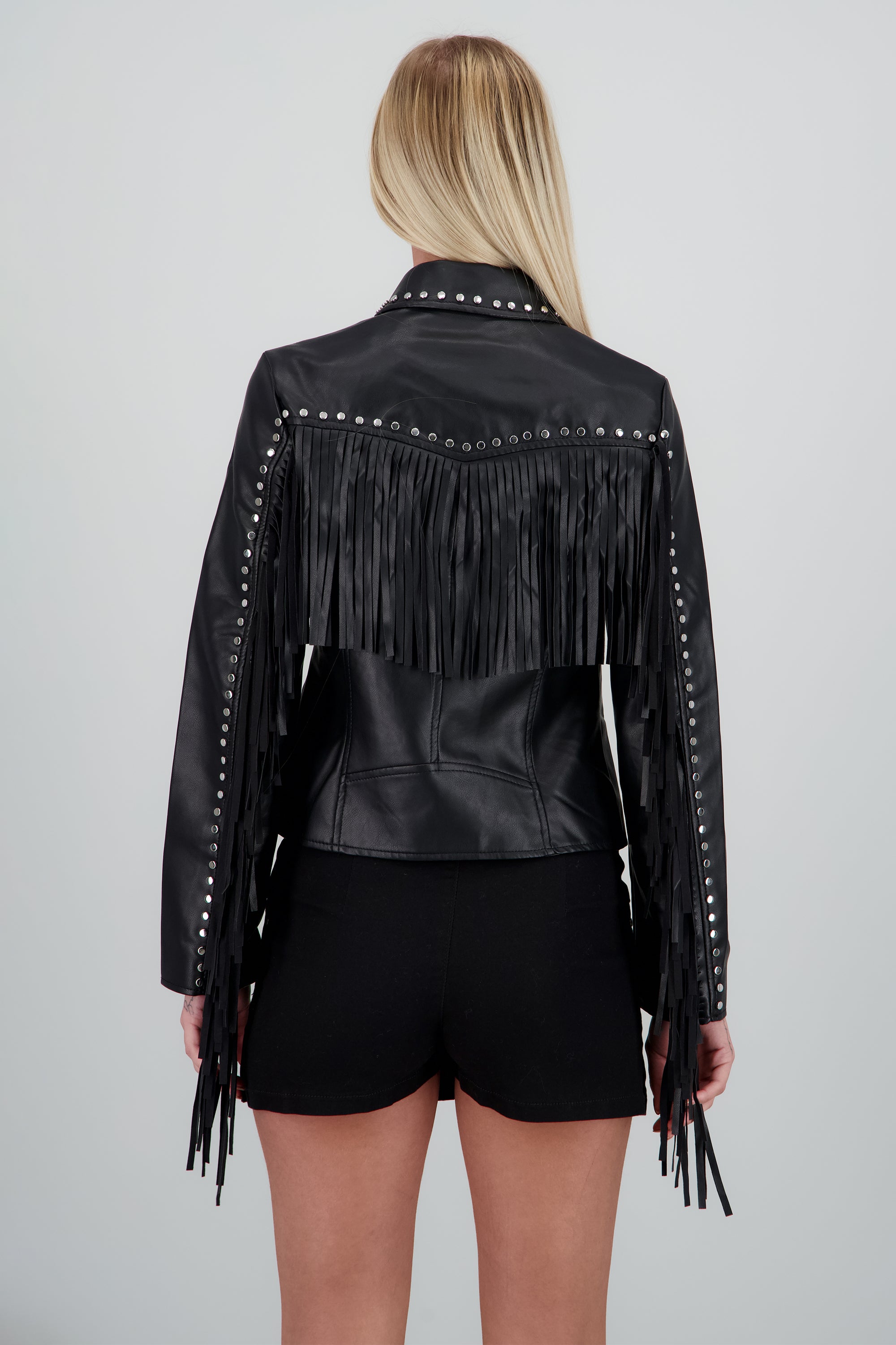 Chamarra cruzada pu fringe NEGRO