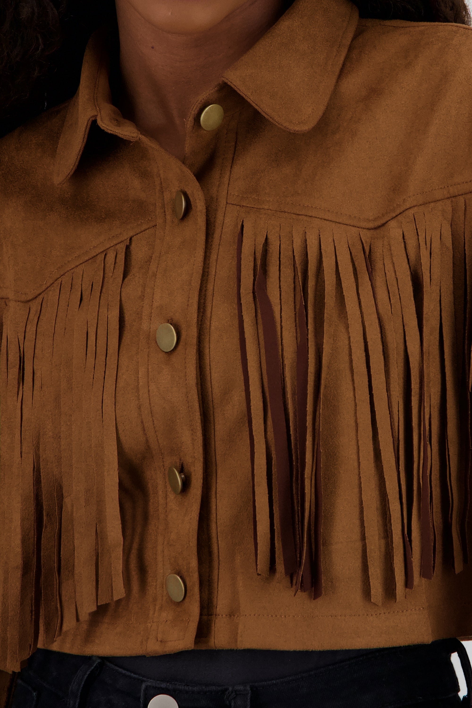 Chamarra ligera de suede detalle flecos CHOCOLATE