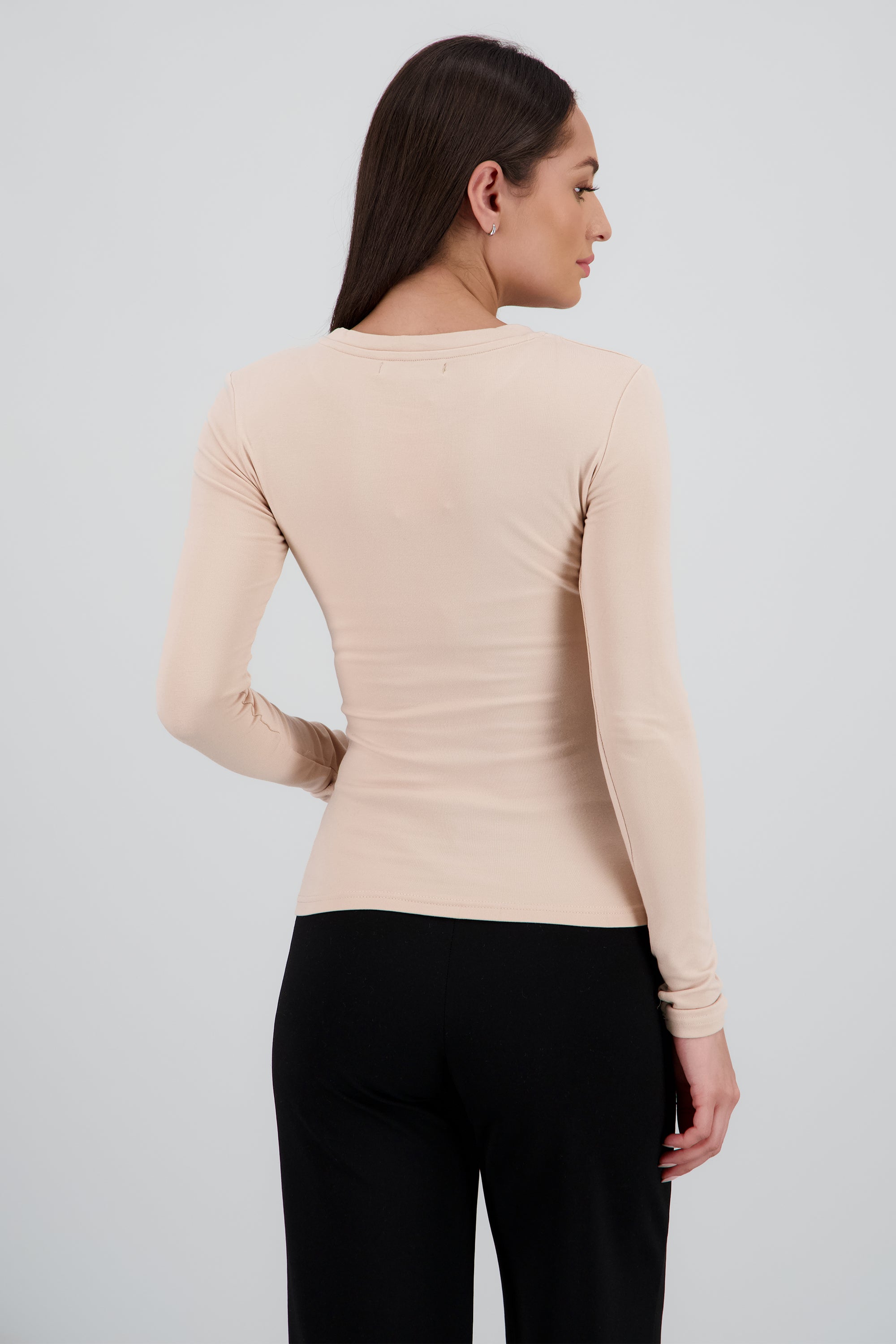 Top manga larga liso cuello redondo BEIGE