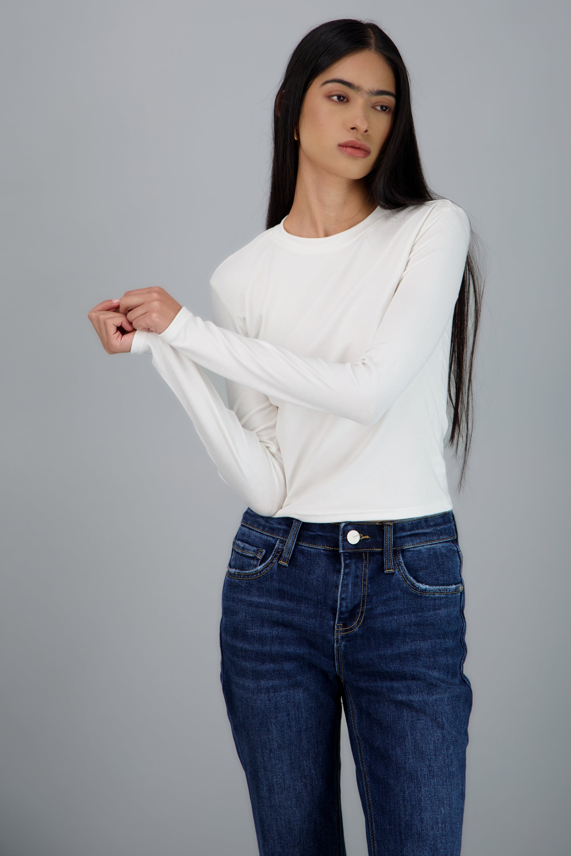 Top escote redondo manga larga BLANCO