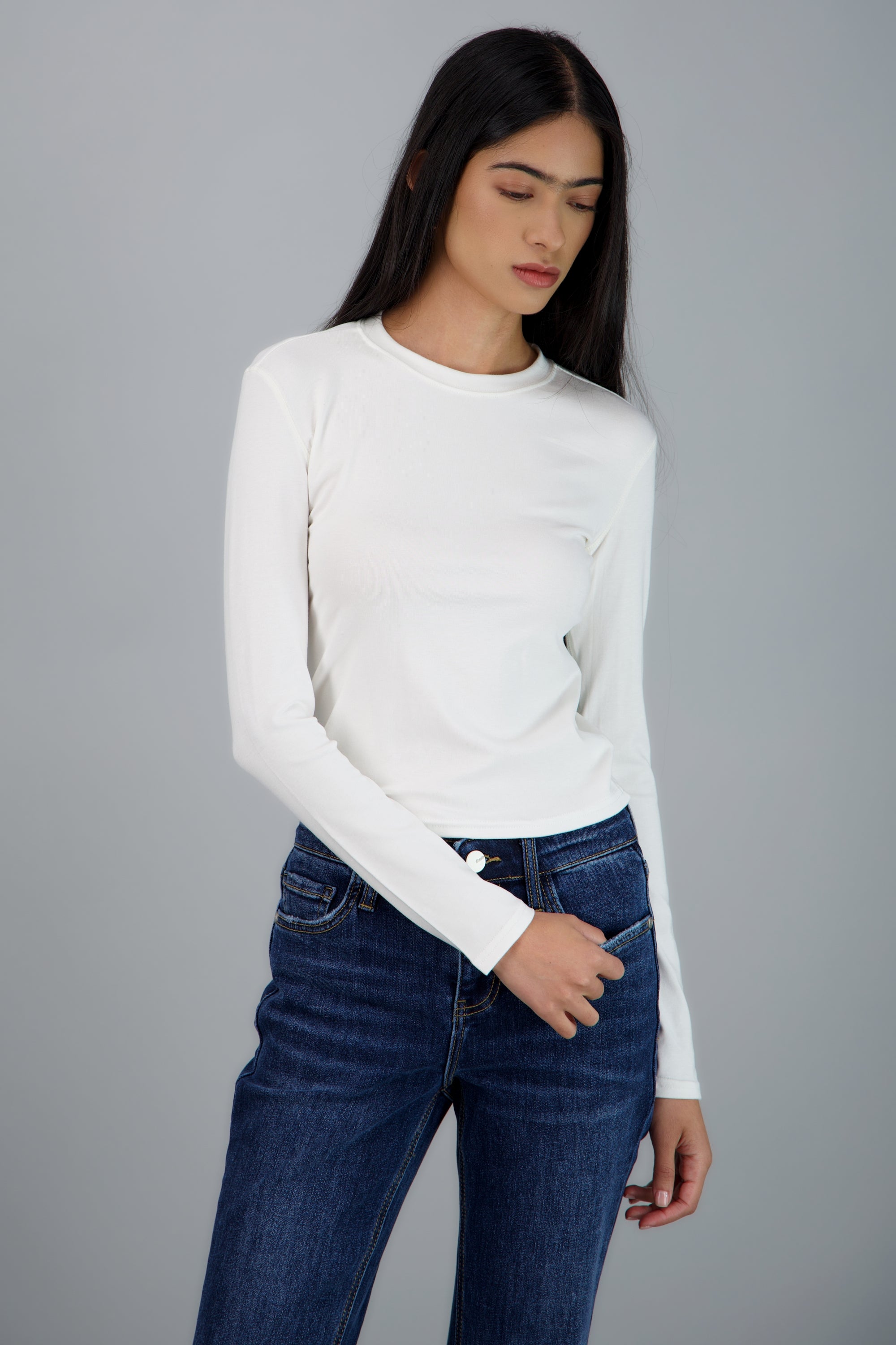 Top escote redondo manga larga BLANCO