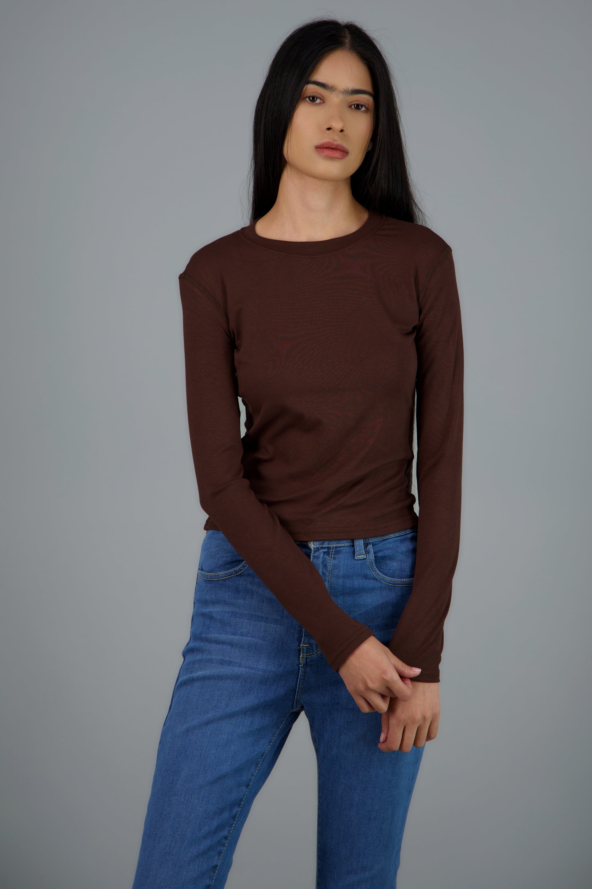 Top escote redondo manga larga CHOCOLATE