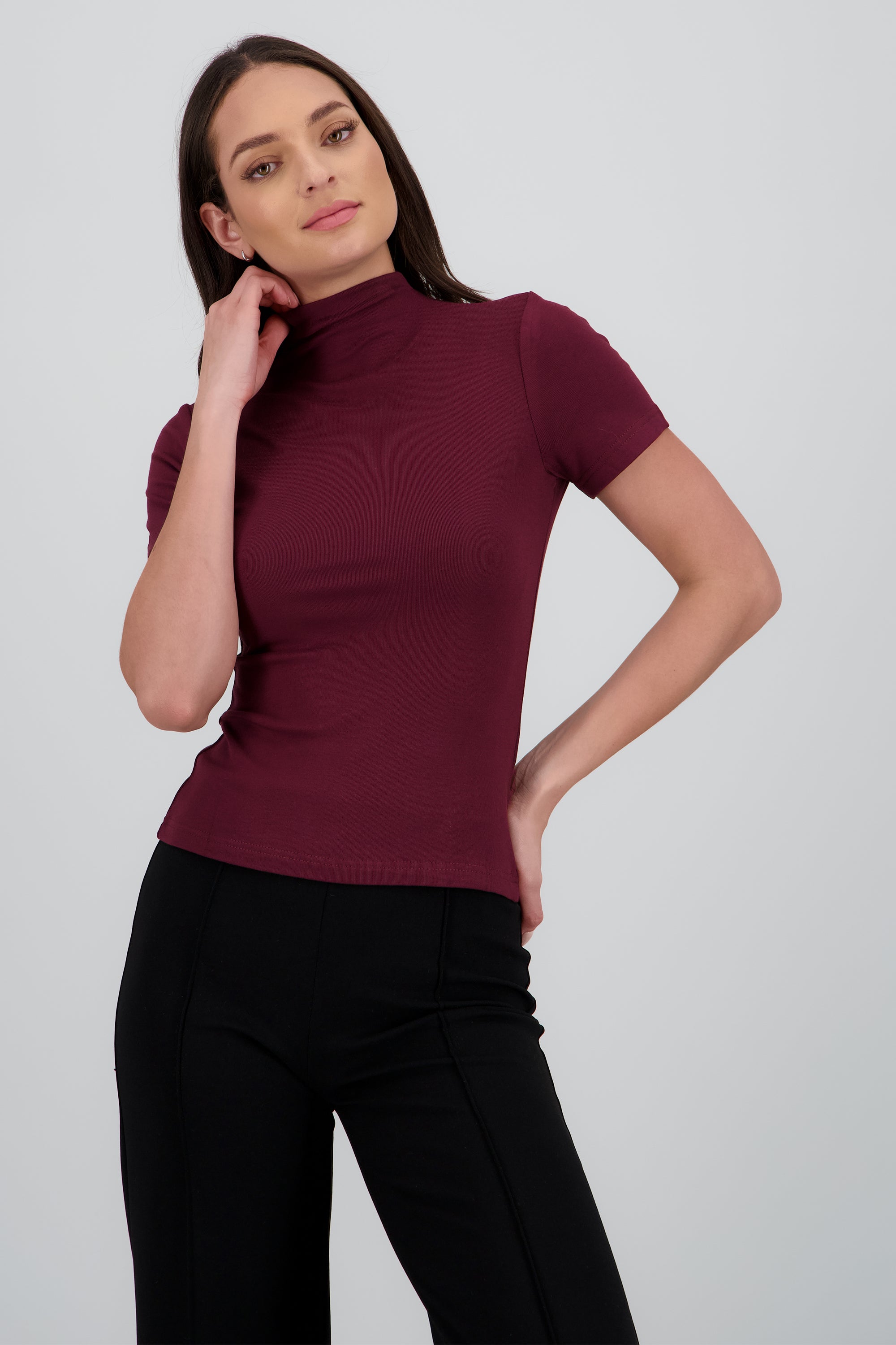 Top manga corta liso cuello alto CIRUELA