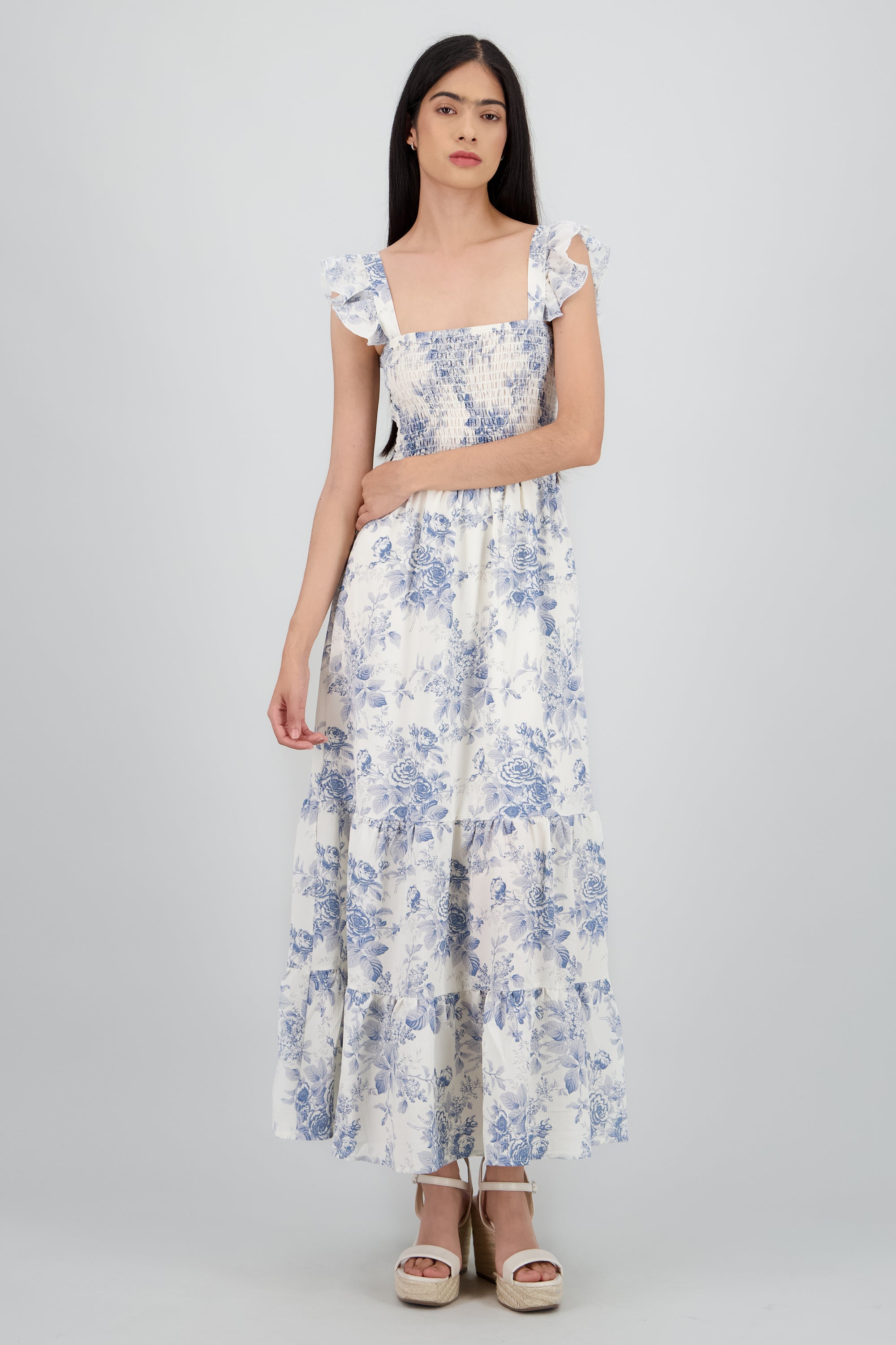 Vestido maxi smock strapless AZUL COMBO