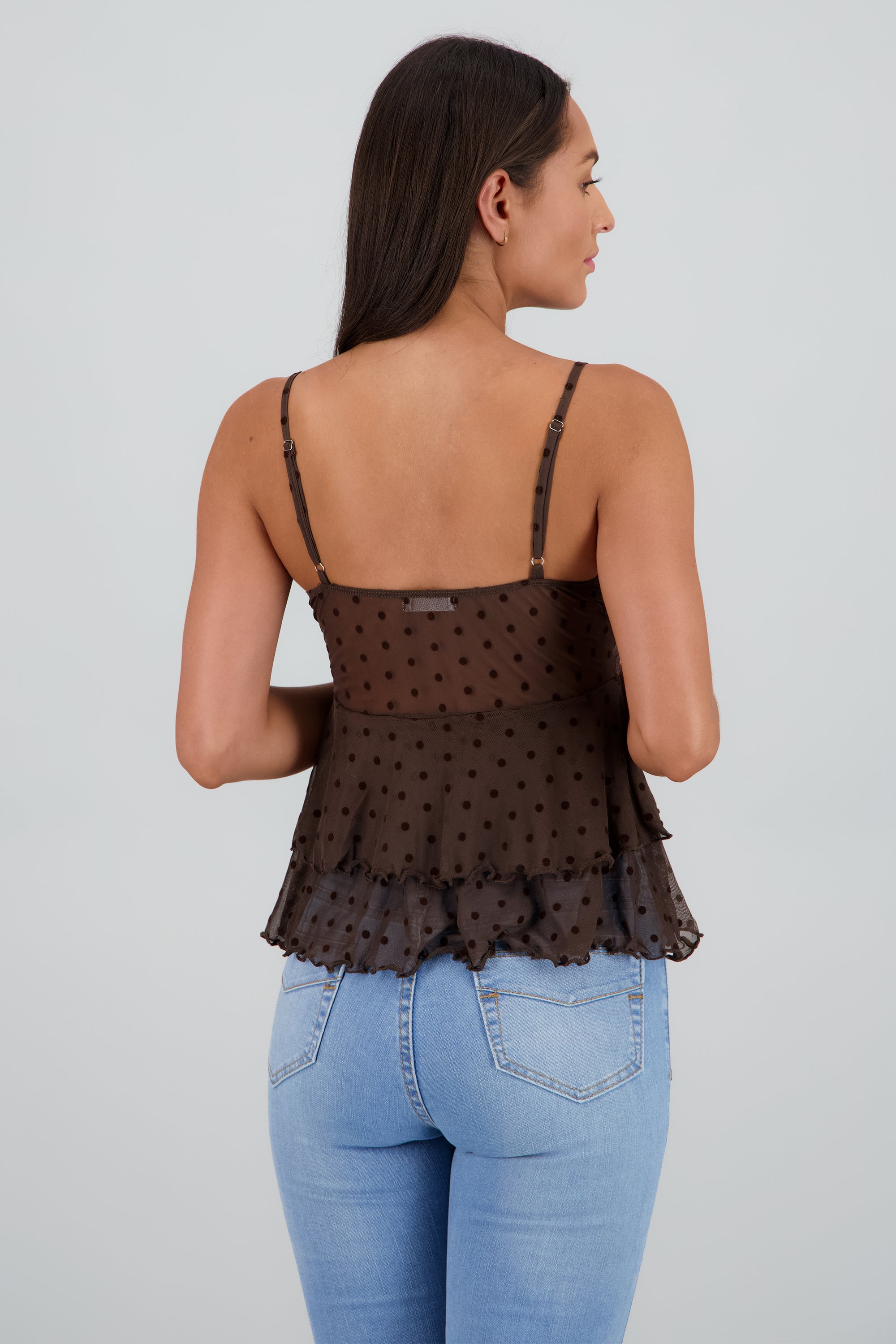 Top mesh tirantes detalle encaje CAFE OBSCURO