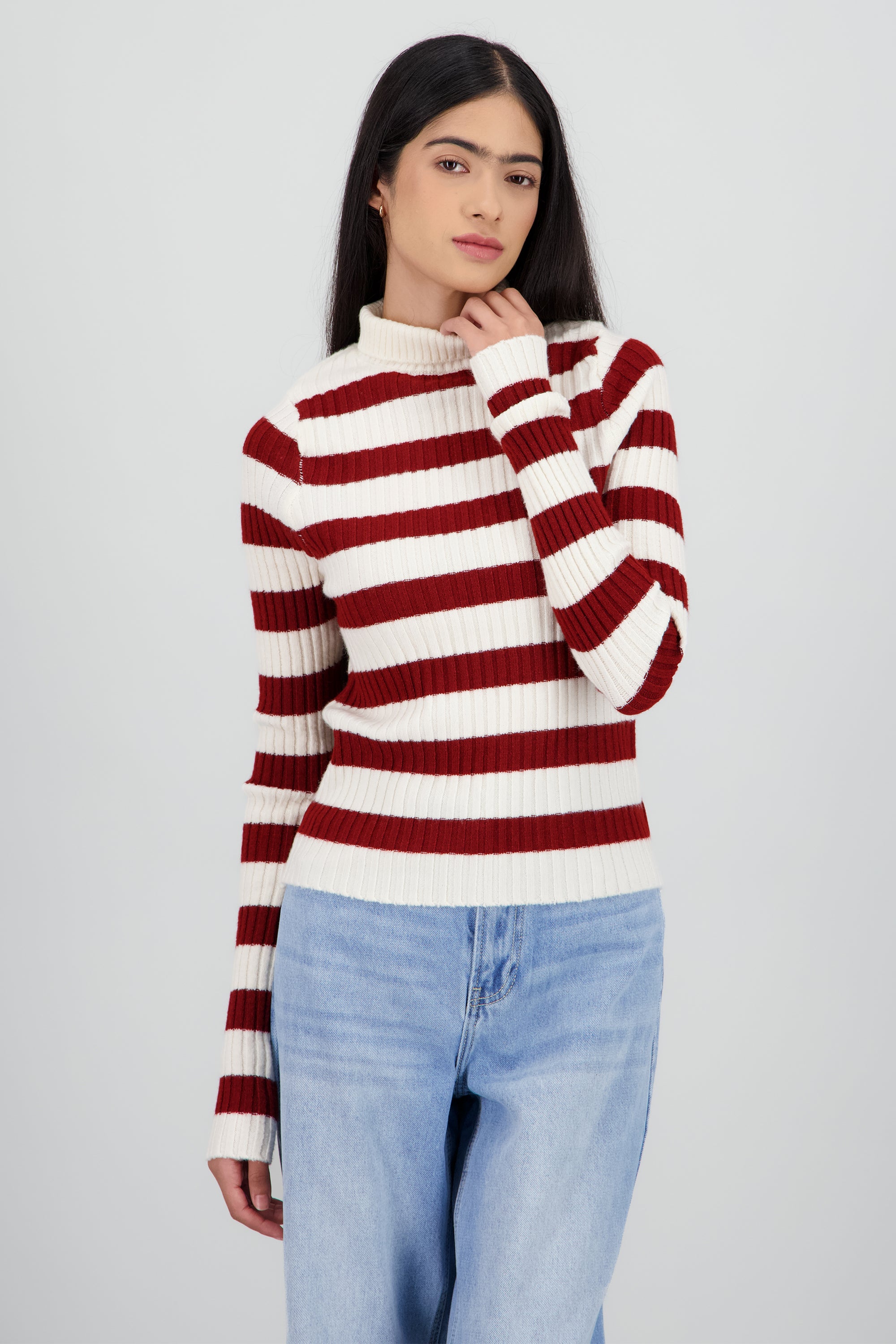 Sueter tejido cuello alto rayas VINO COMBO