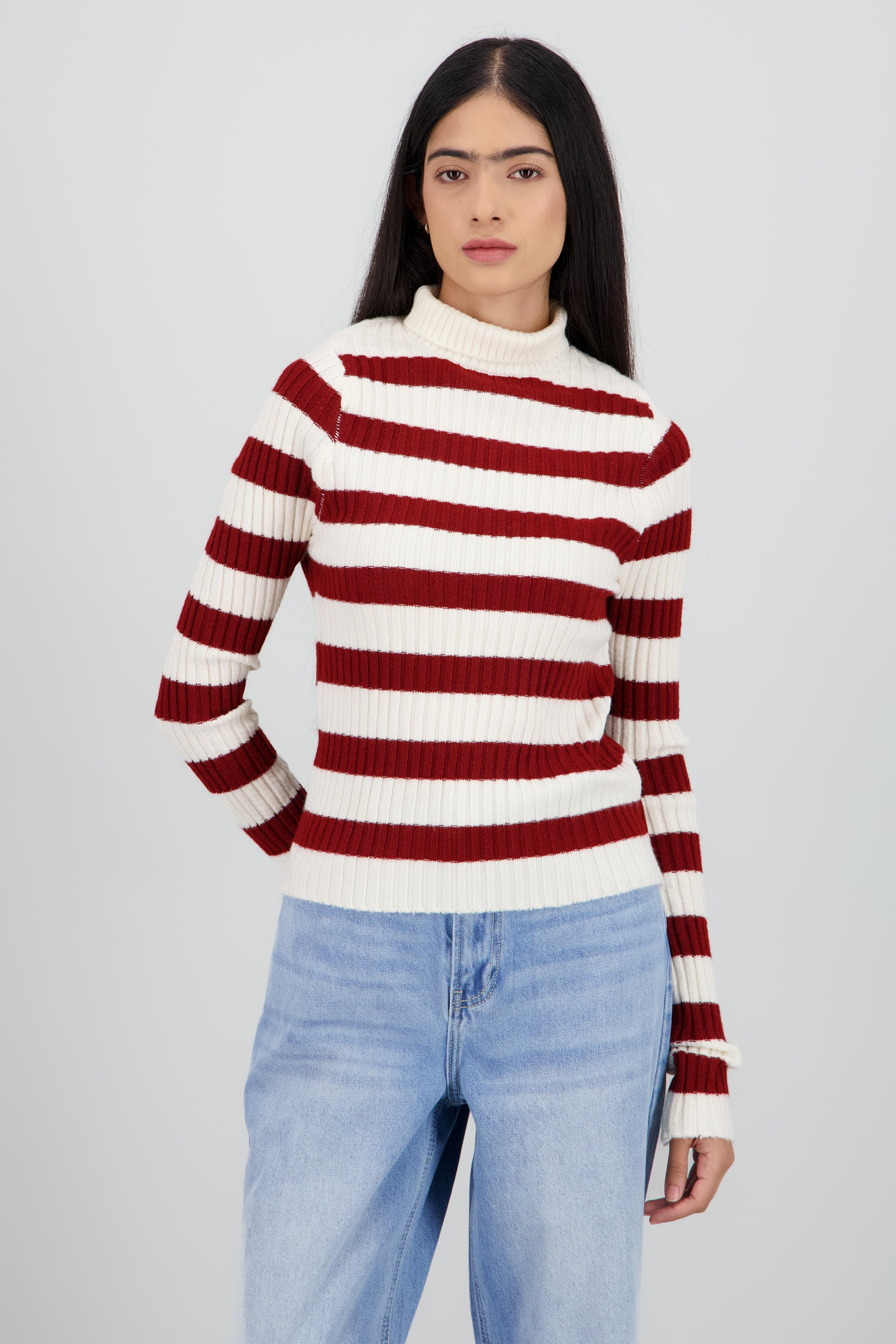 Sueter tejido cuello alto rayas VINO COMBO