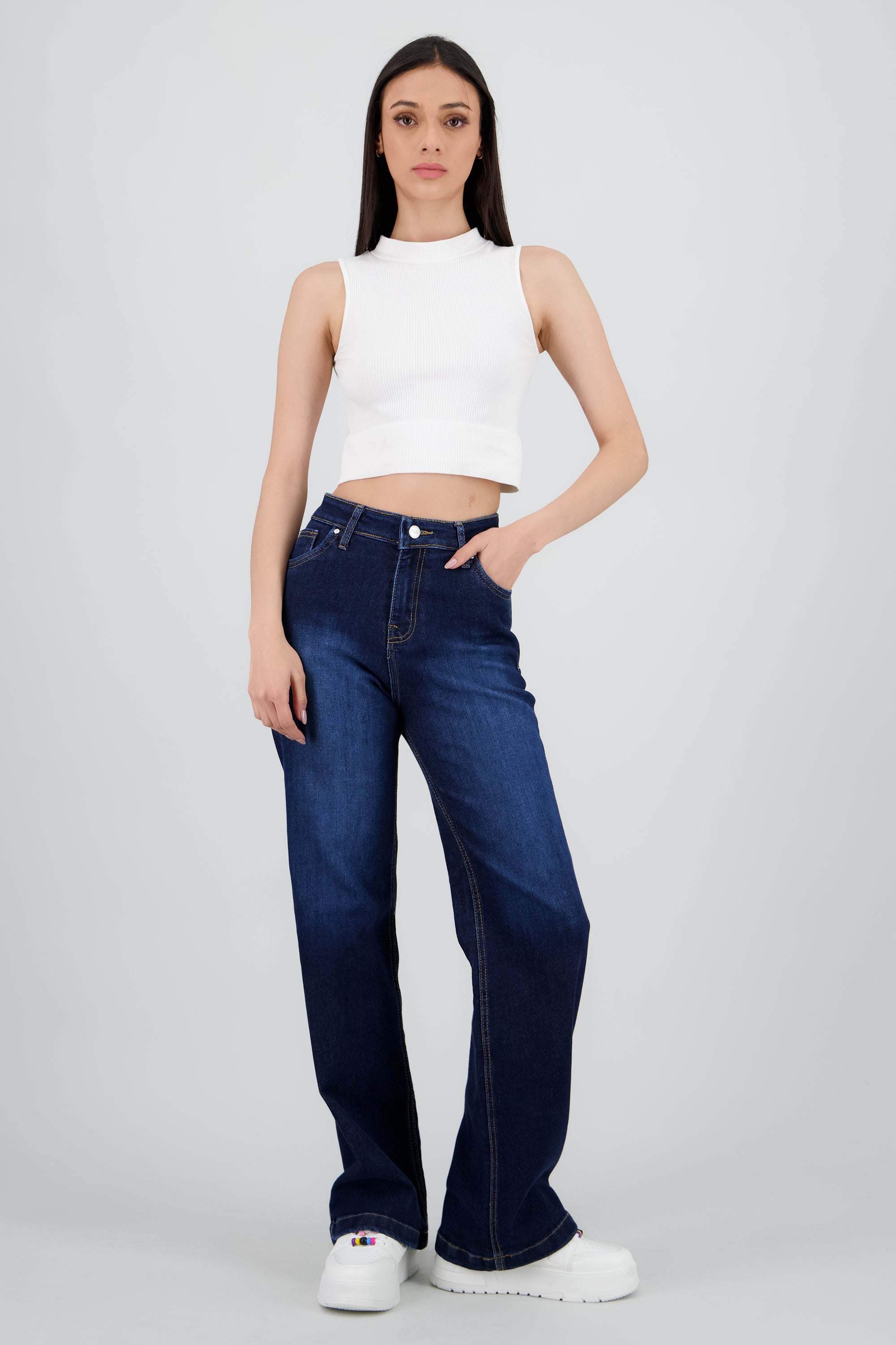 Jeans wide leg mid rise DARK WASH