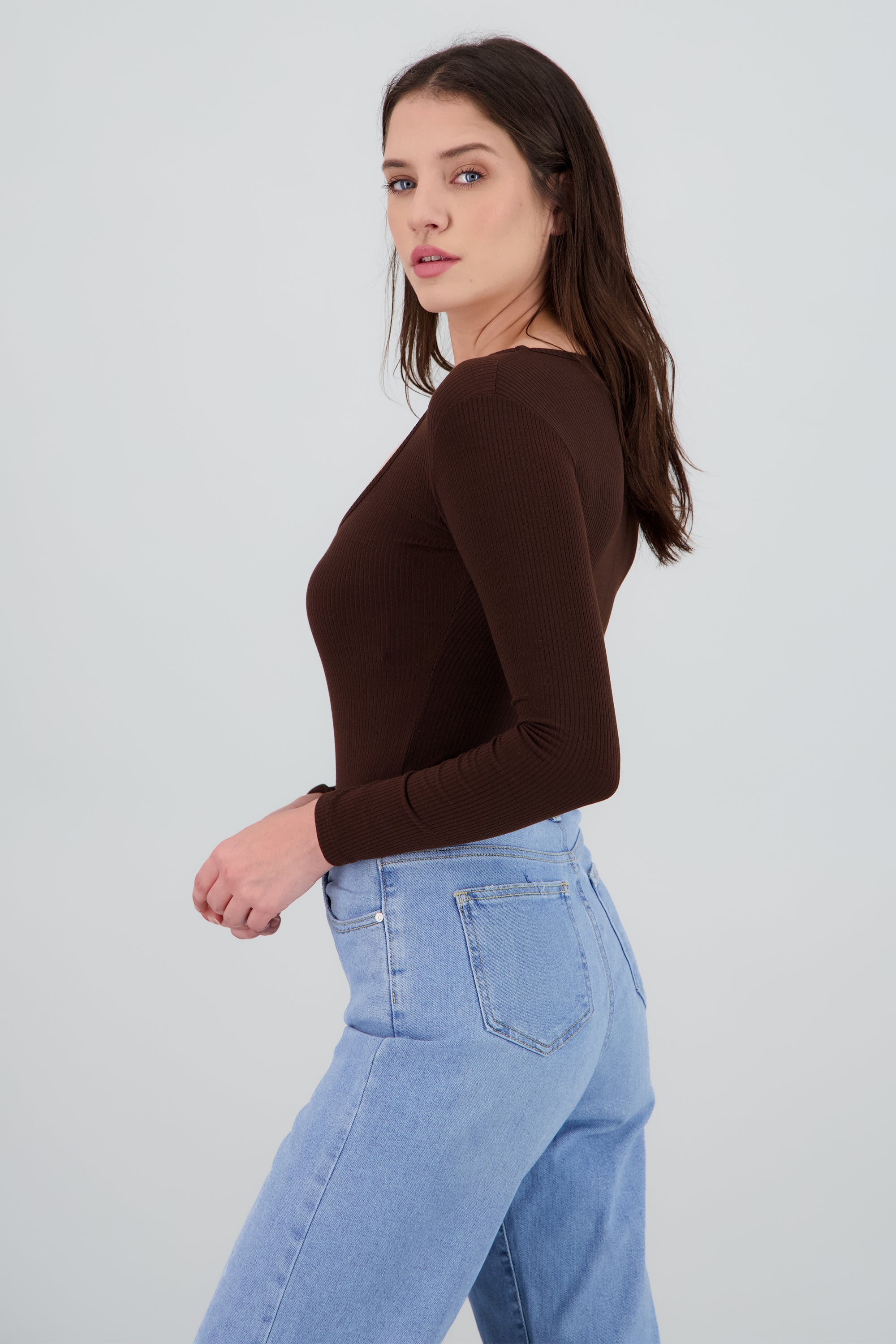 Bodysuit manga larga liso escote cuadrado CHOCOLATE