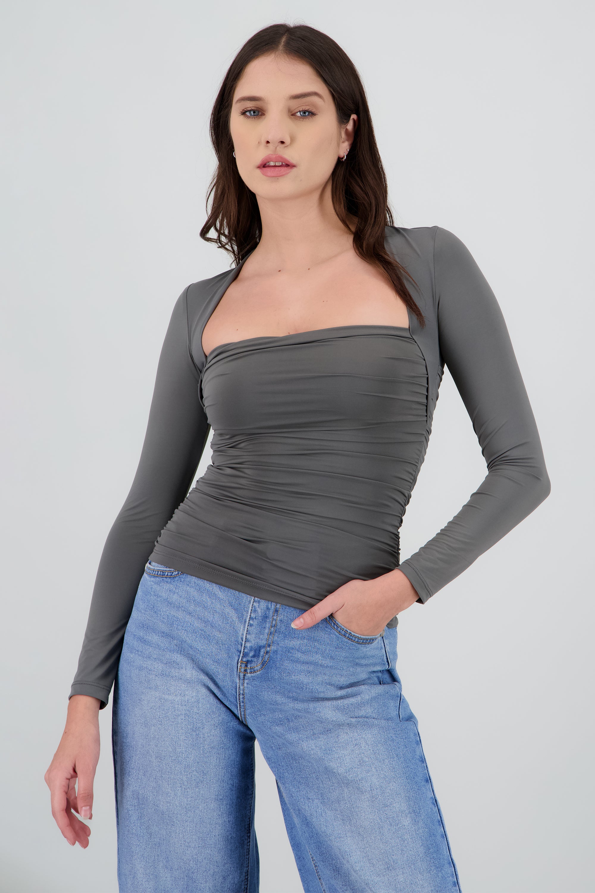 Top manga larga drapeado GRIS OBSCURO