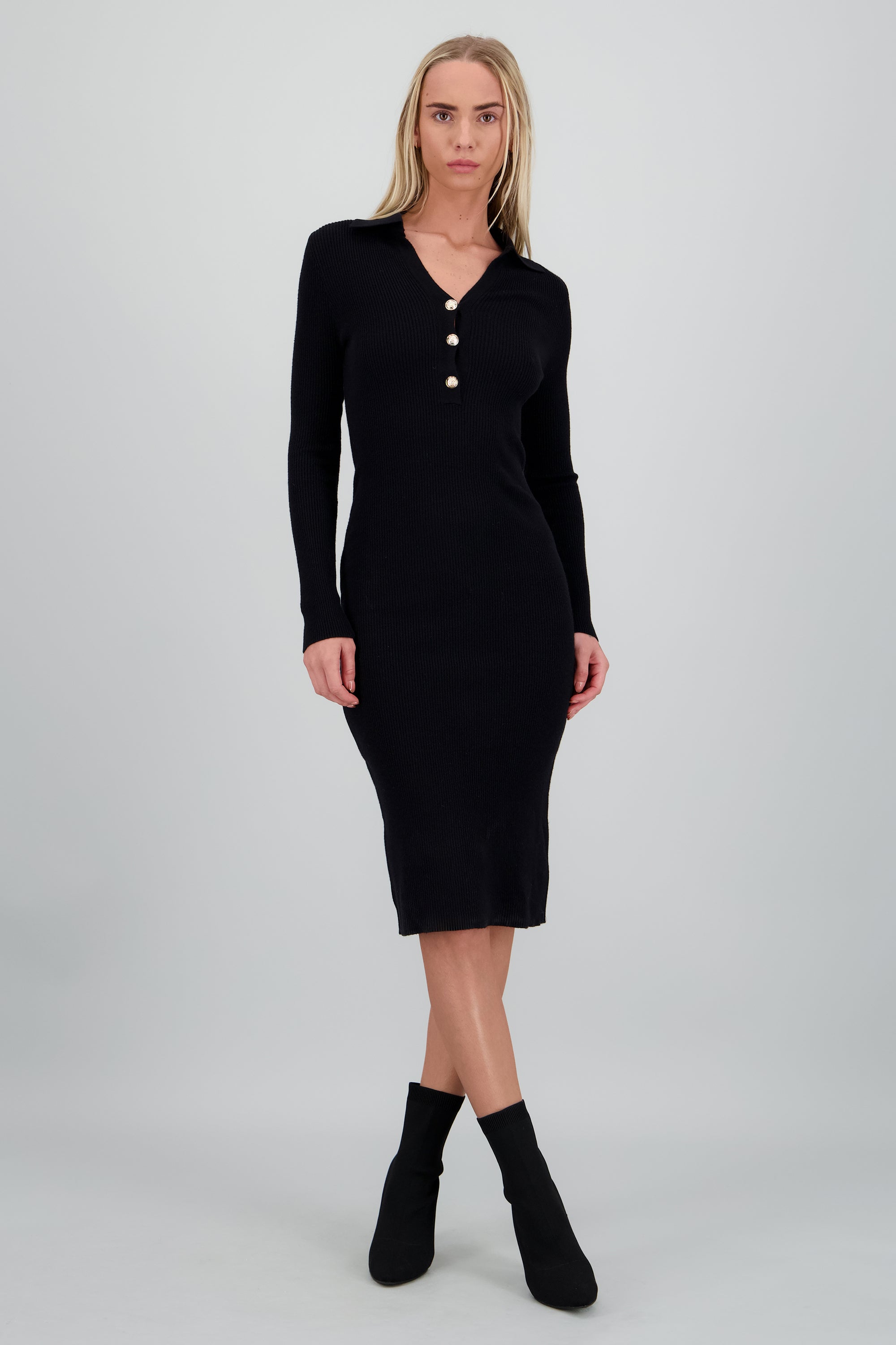 Vestido maxi tejido cuello polo NEGRO