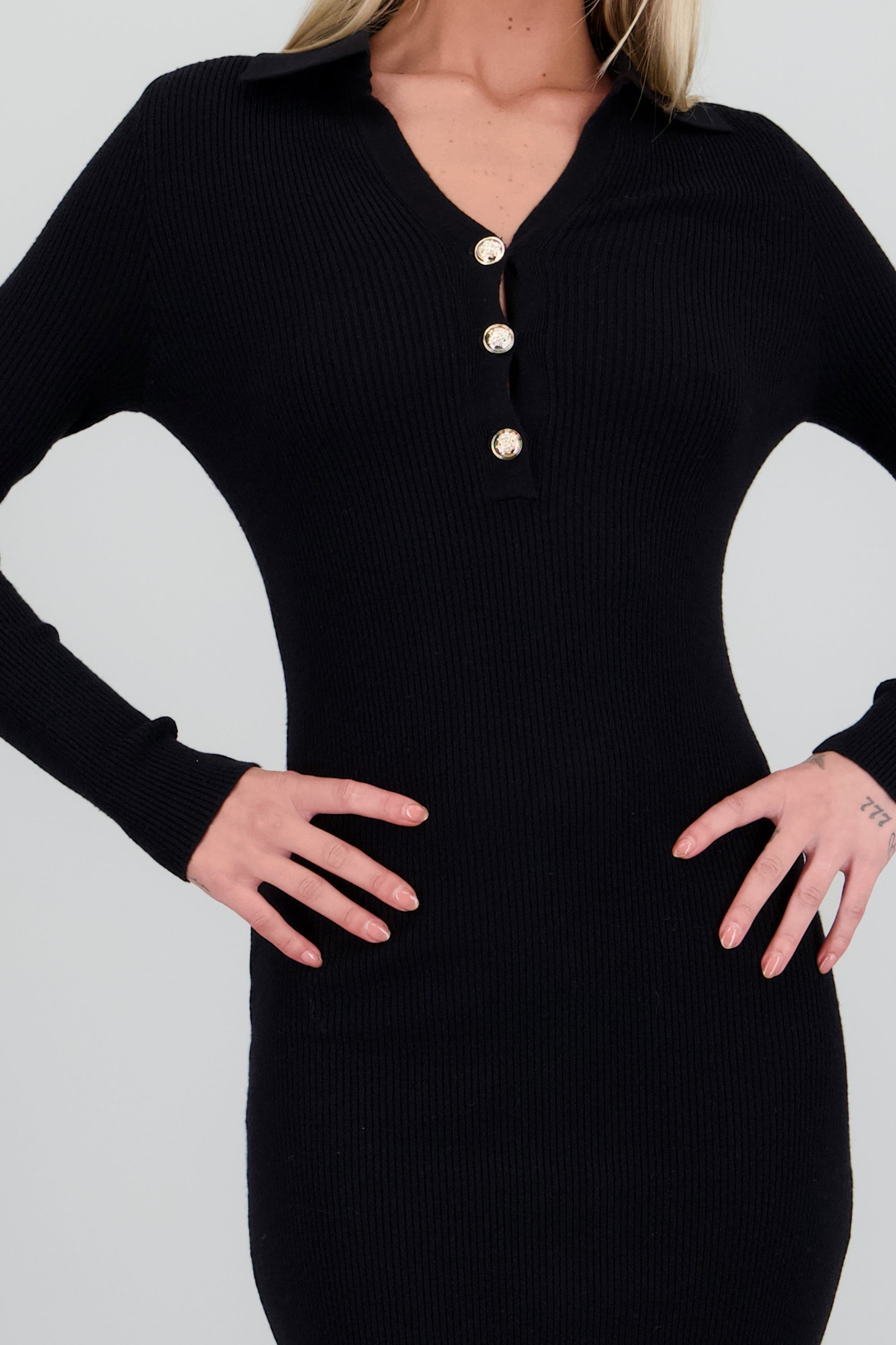 Vestido maxi tejido cuello polo NEGRO