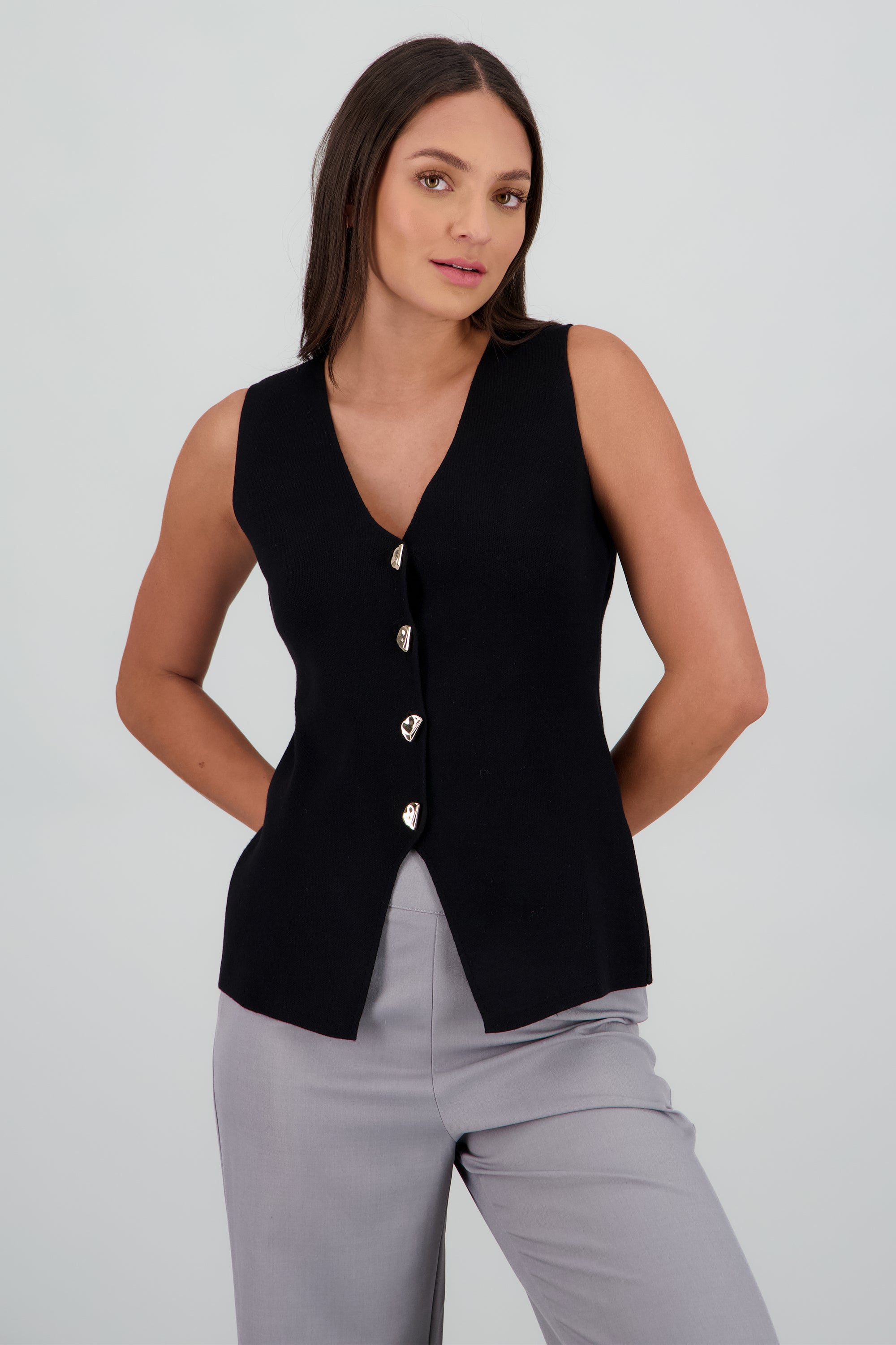 Top tejido con botones NEGRO