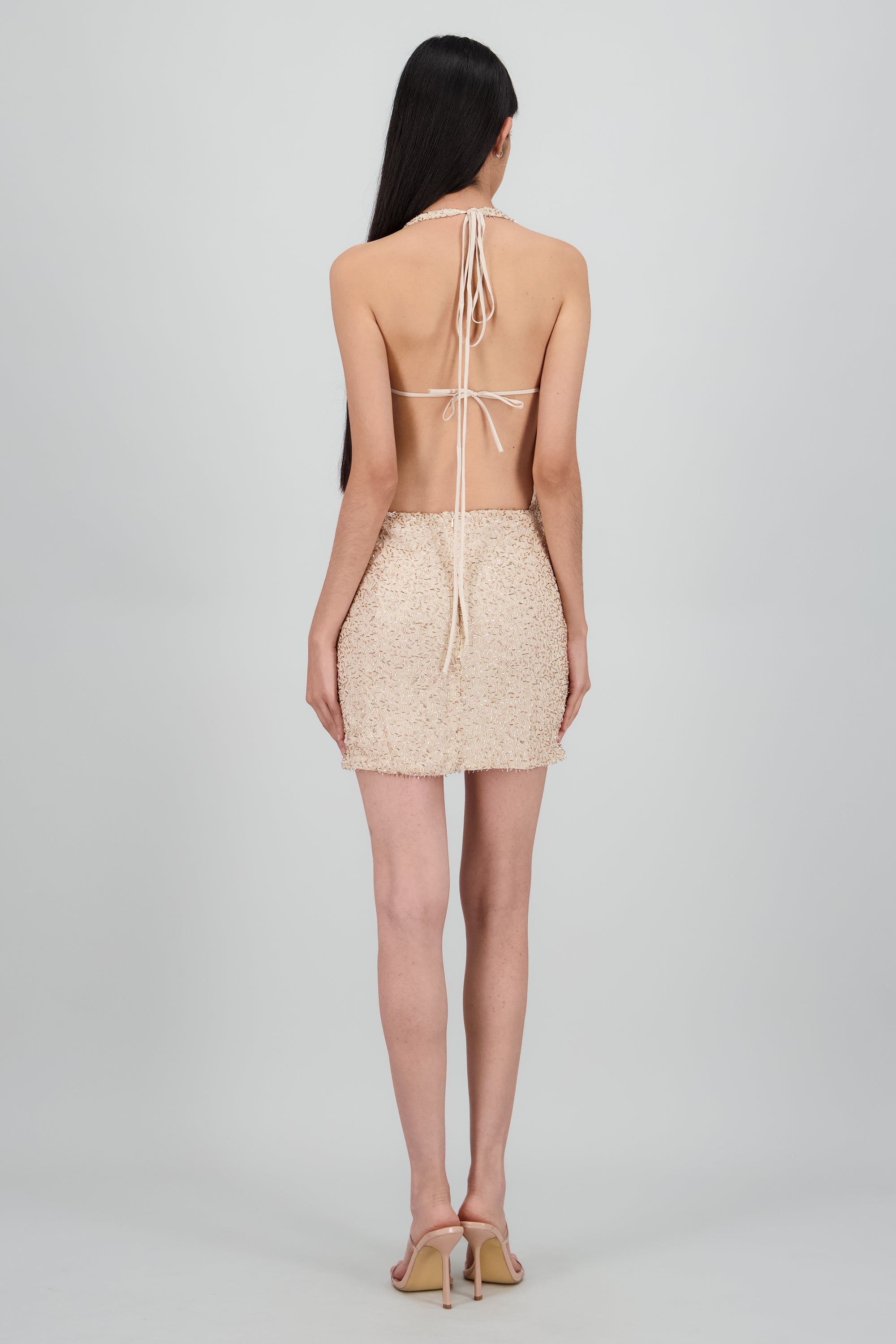 Vestido escote cascada detalle brillos TAUPE