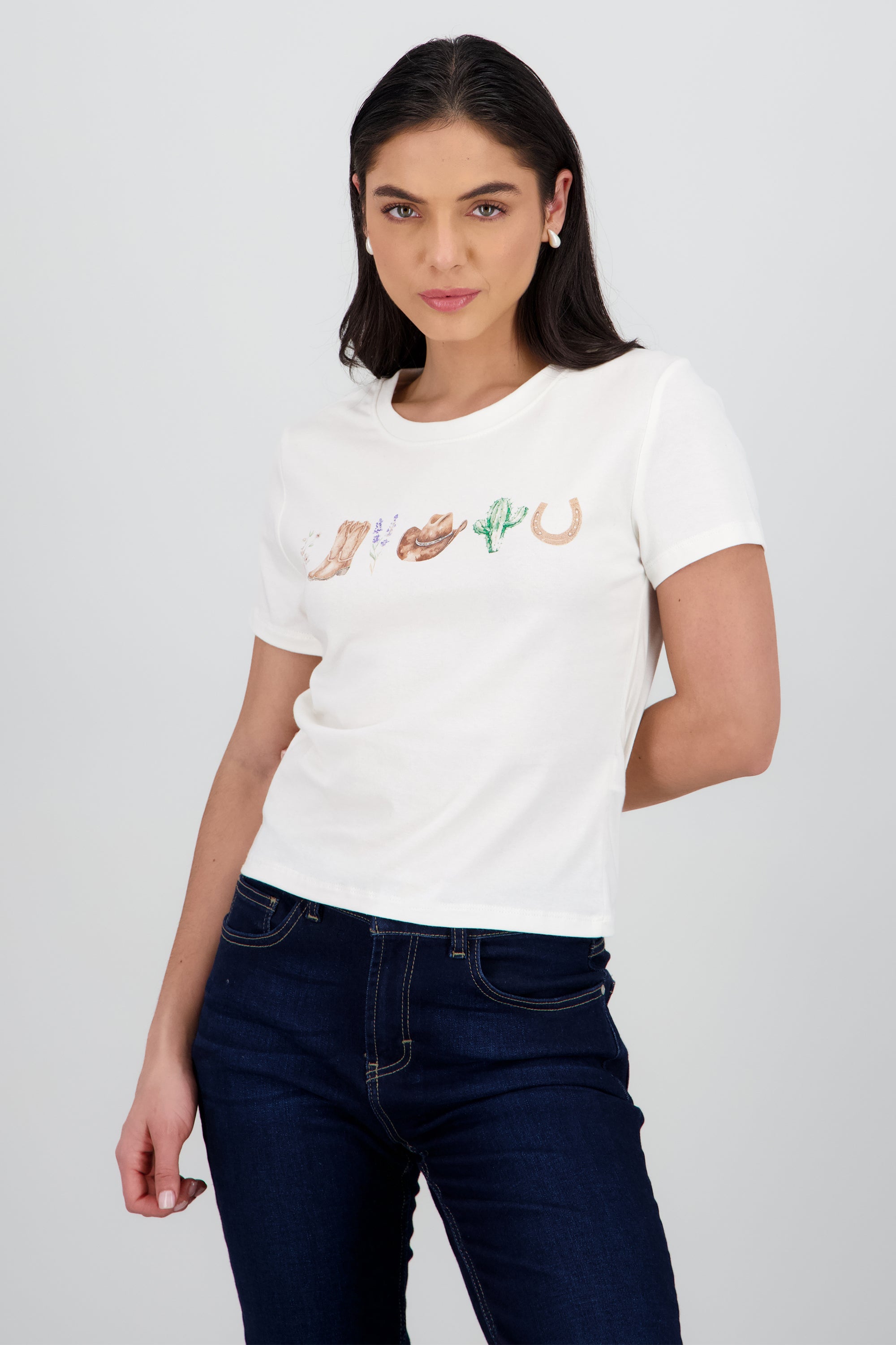 Playera manga corta estampado vaquero BLANCO