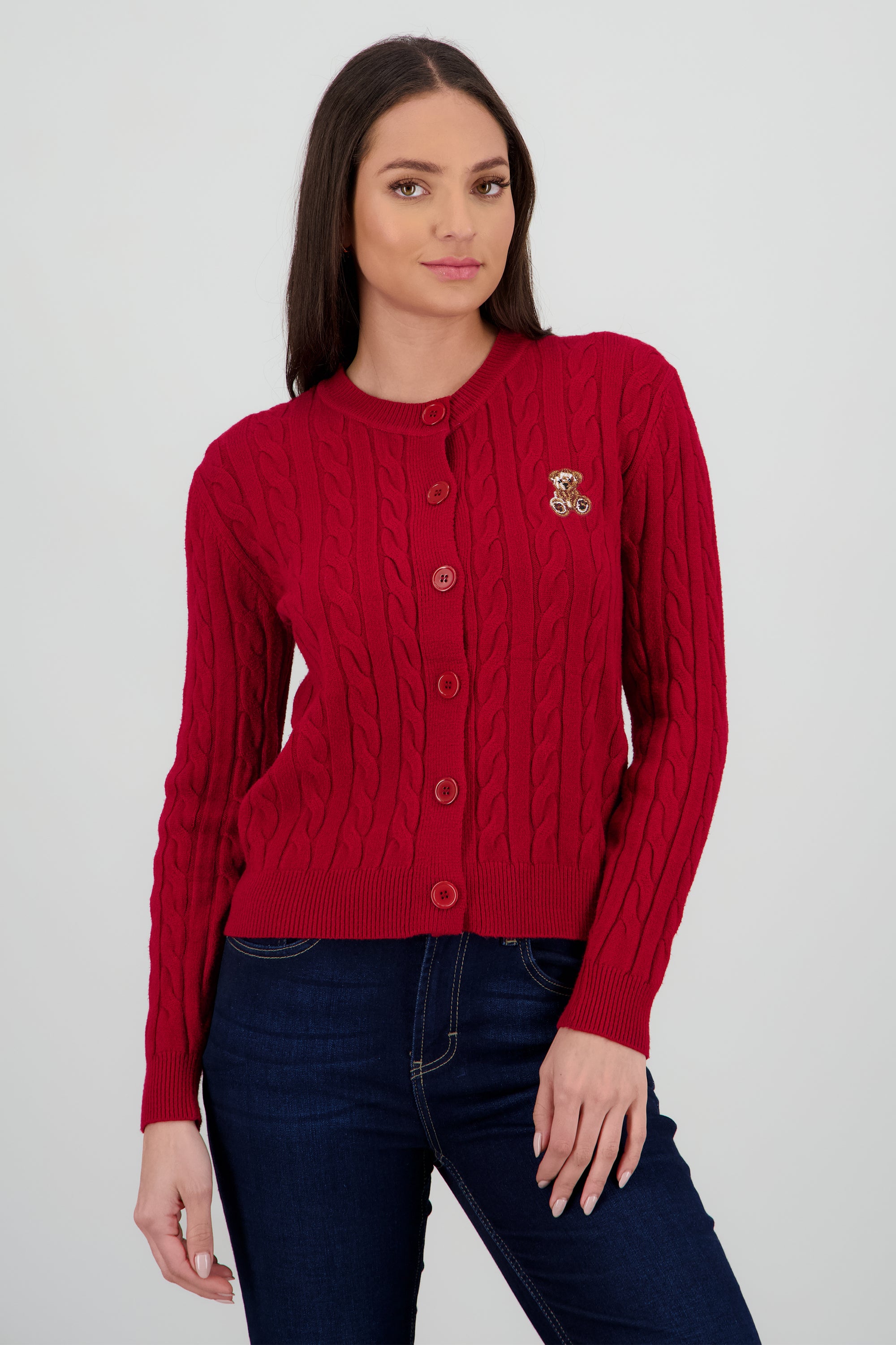 Cardigan trenzado con bordado oso VINO