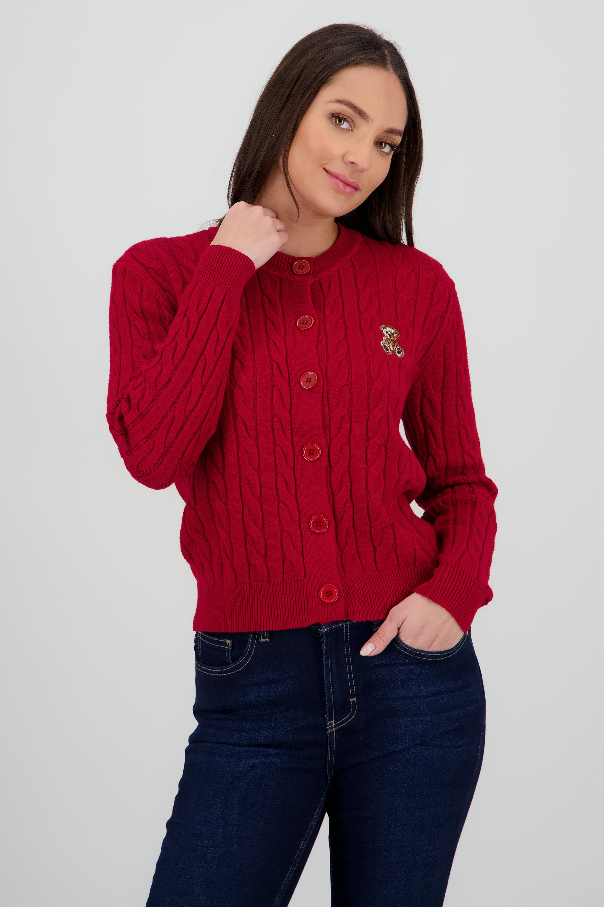 Cardigan trenzado con bordado oso VINO