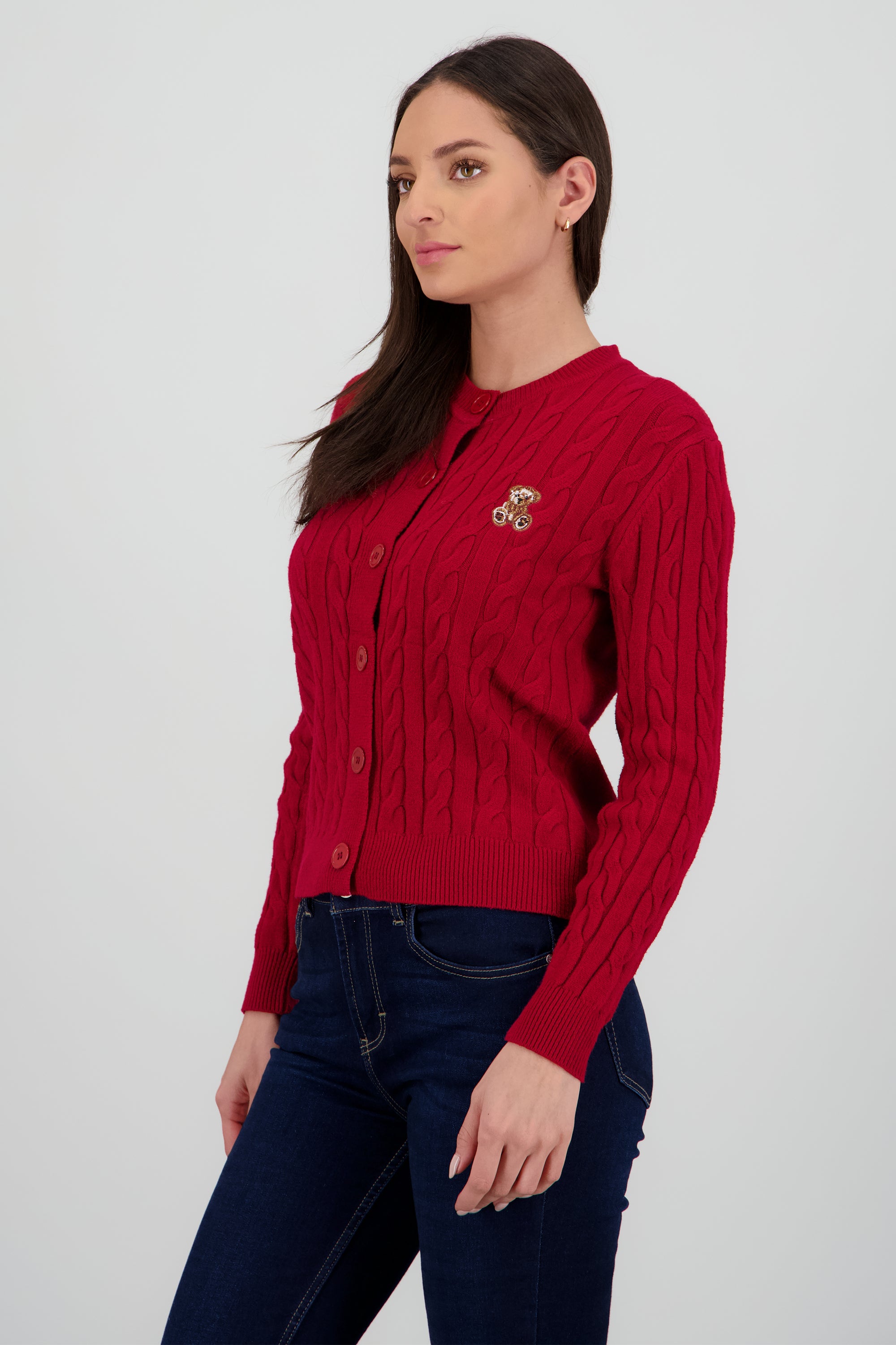 Cardigan trenzado con bordado oso VINO