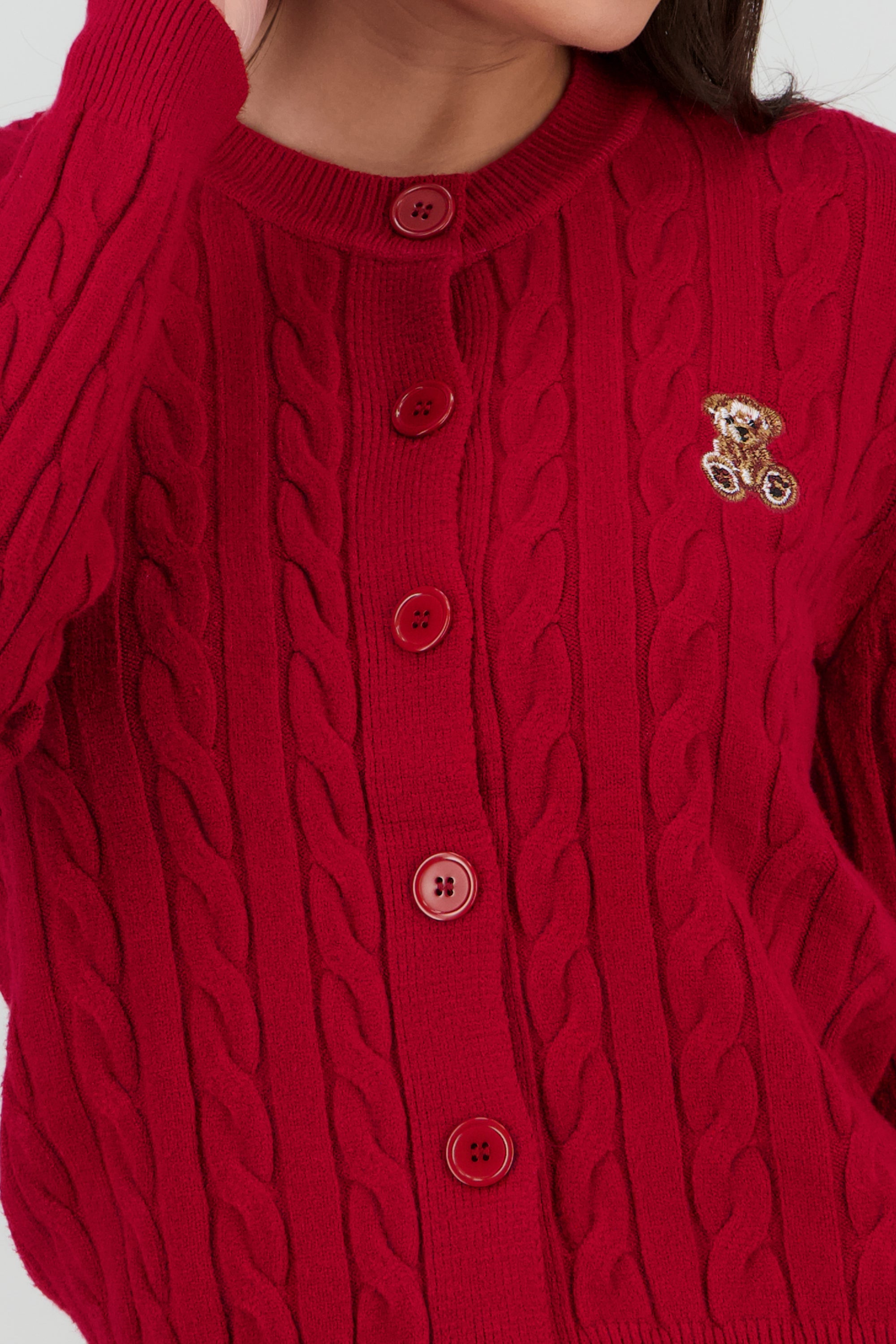 Cardigan trenzado con bordado oso VINO