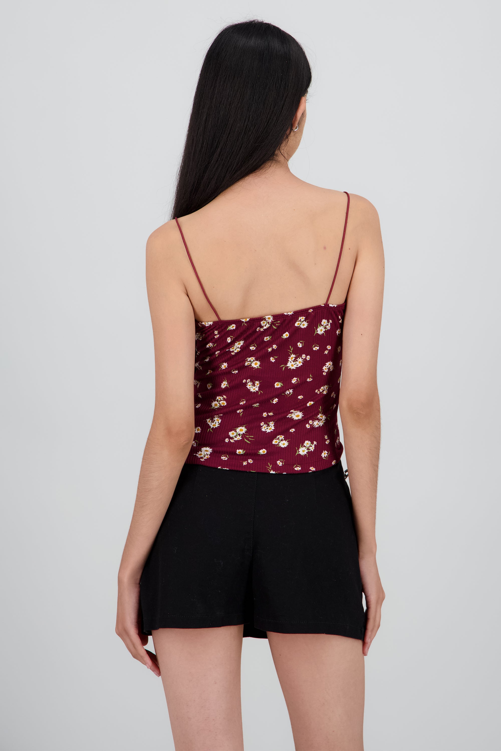 Top estampado flores detalle encaje CIRUELA