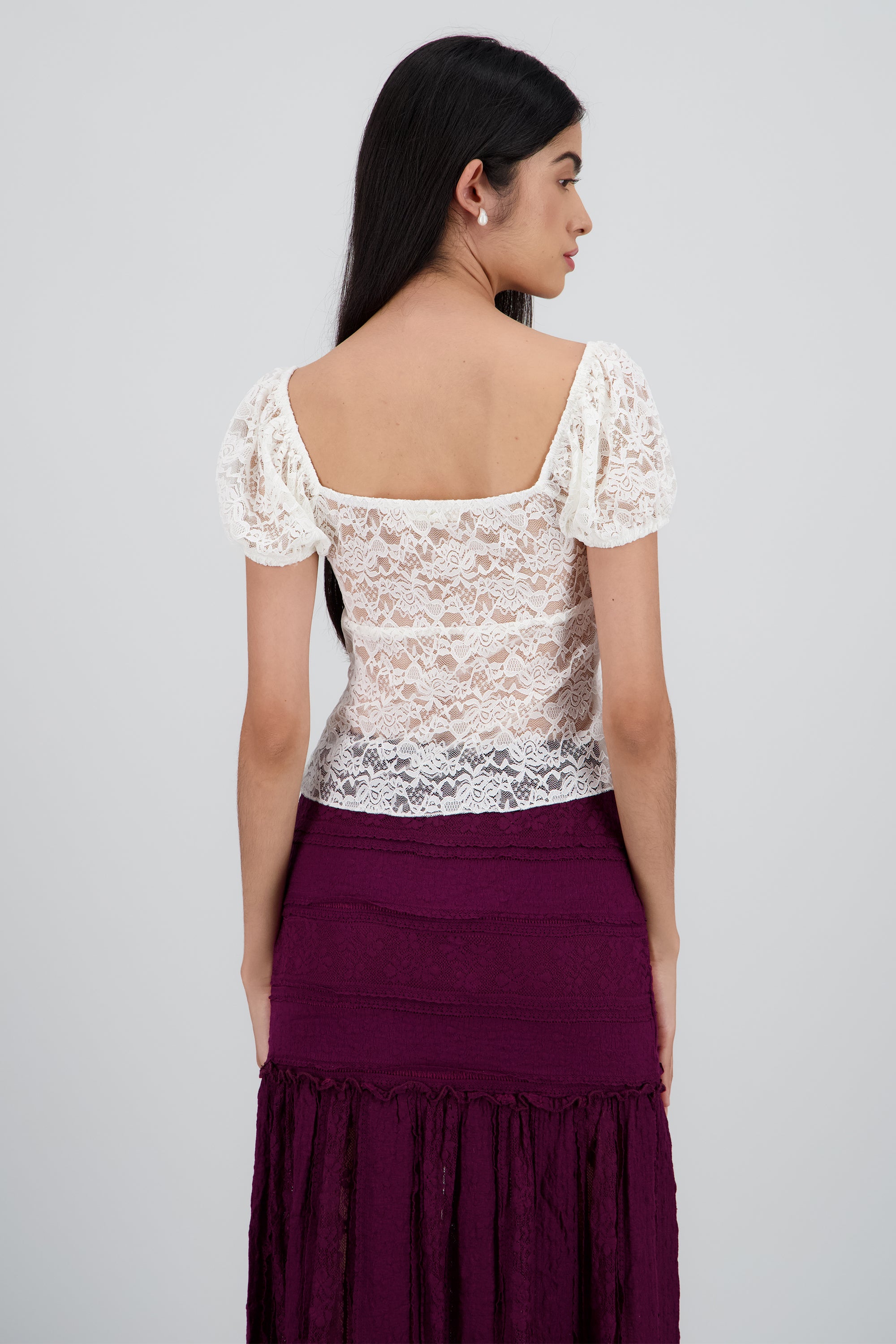 Blusa encaje manga corta detalle botones BLANCO