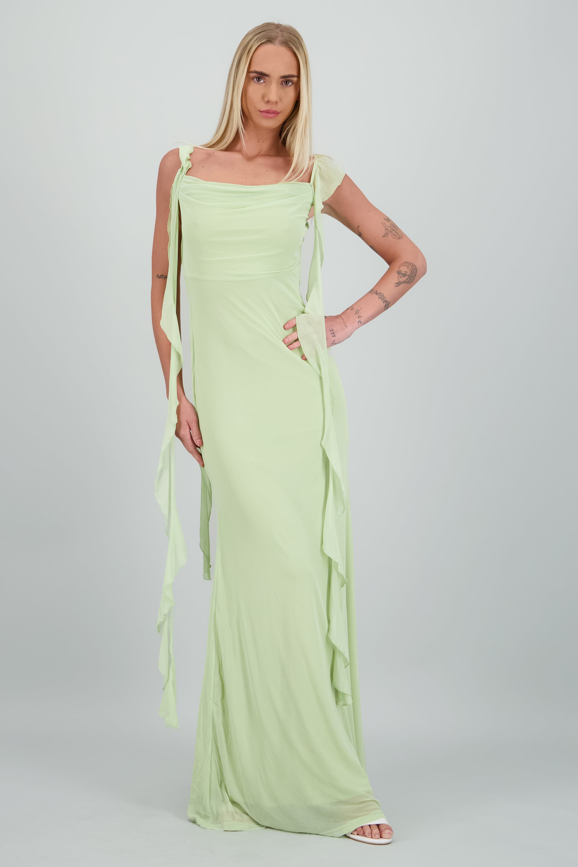 Vestido maxi detalle ruffles SAGE