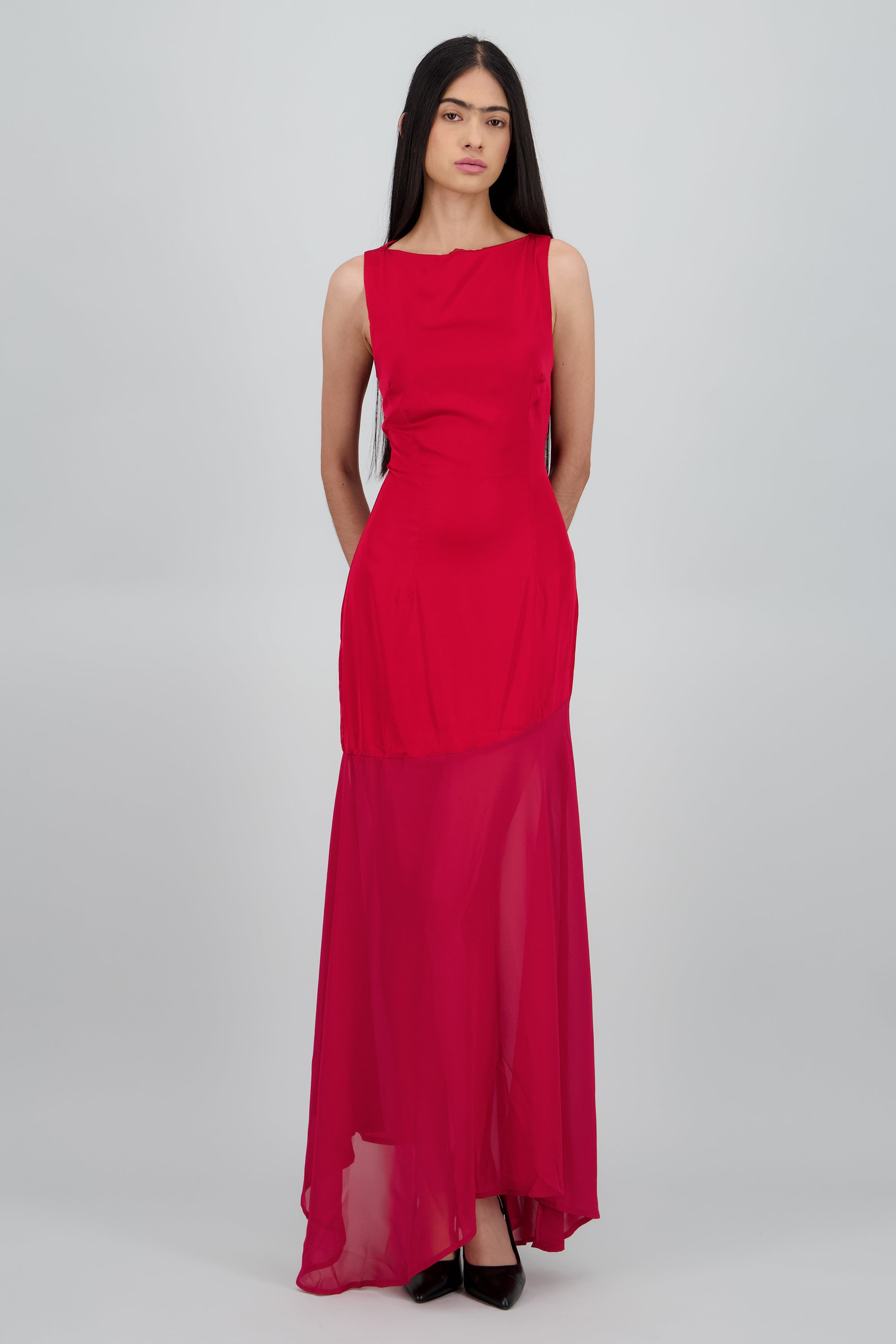 Maxi vestido asimetrico drop waist ROJO QUEMADO