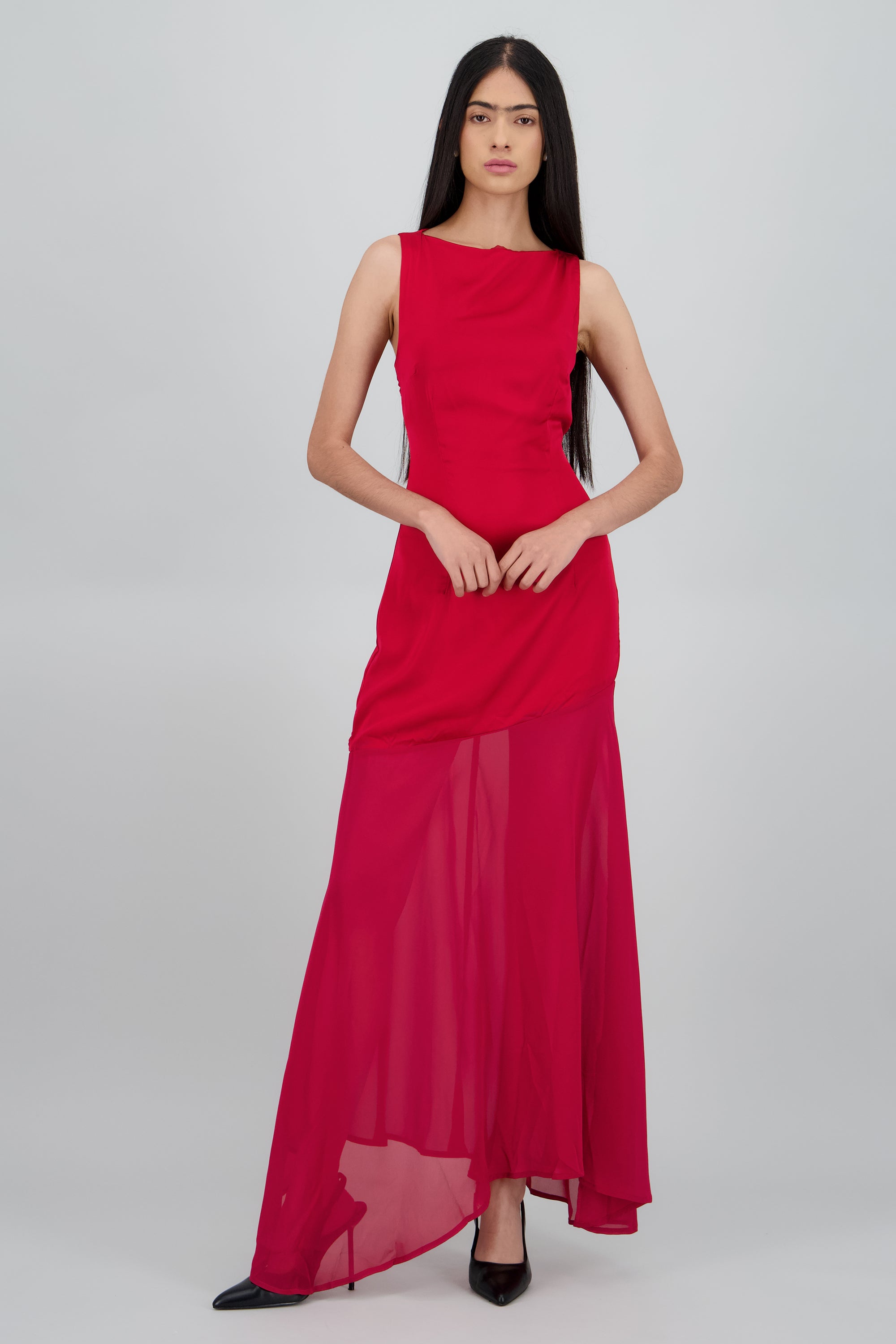 Maxi vestido asimetrico drop waist ROJO QUEMADO