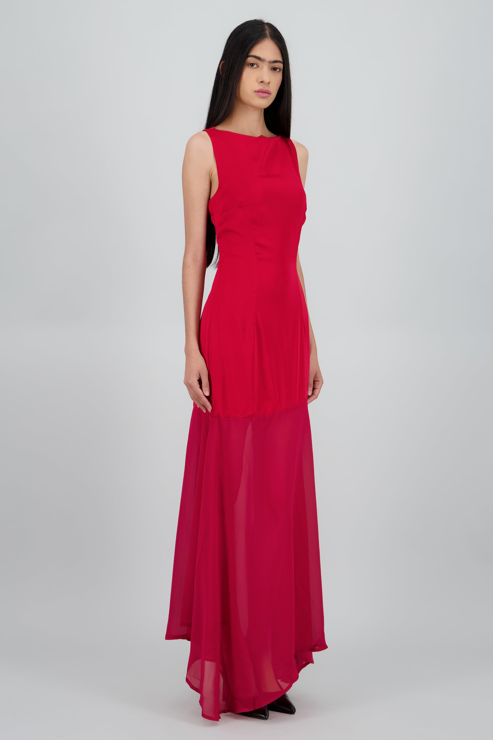 Maxi vestido asimetrico drop waist ROJO QUEMADO