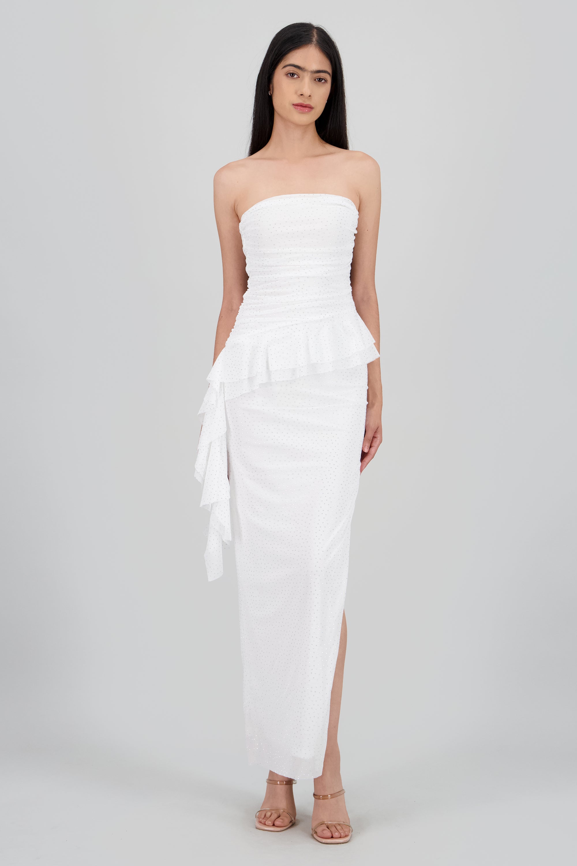Maxivestido mesh con brillos tira asimetrica BLANCO