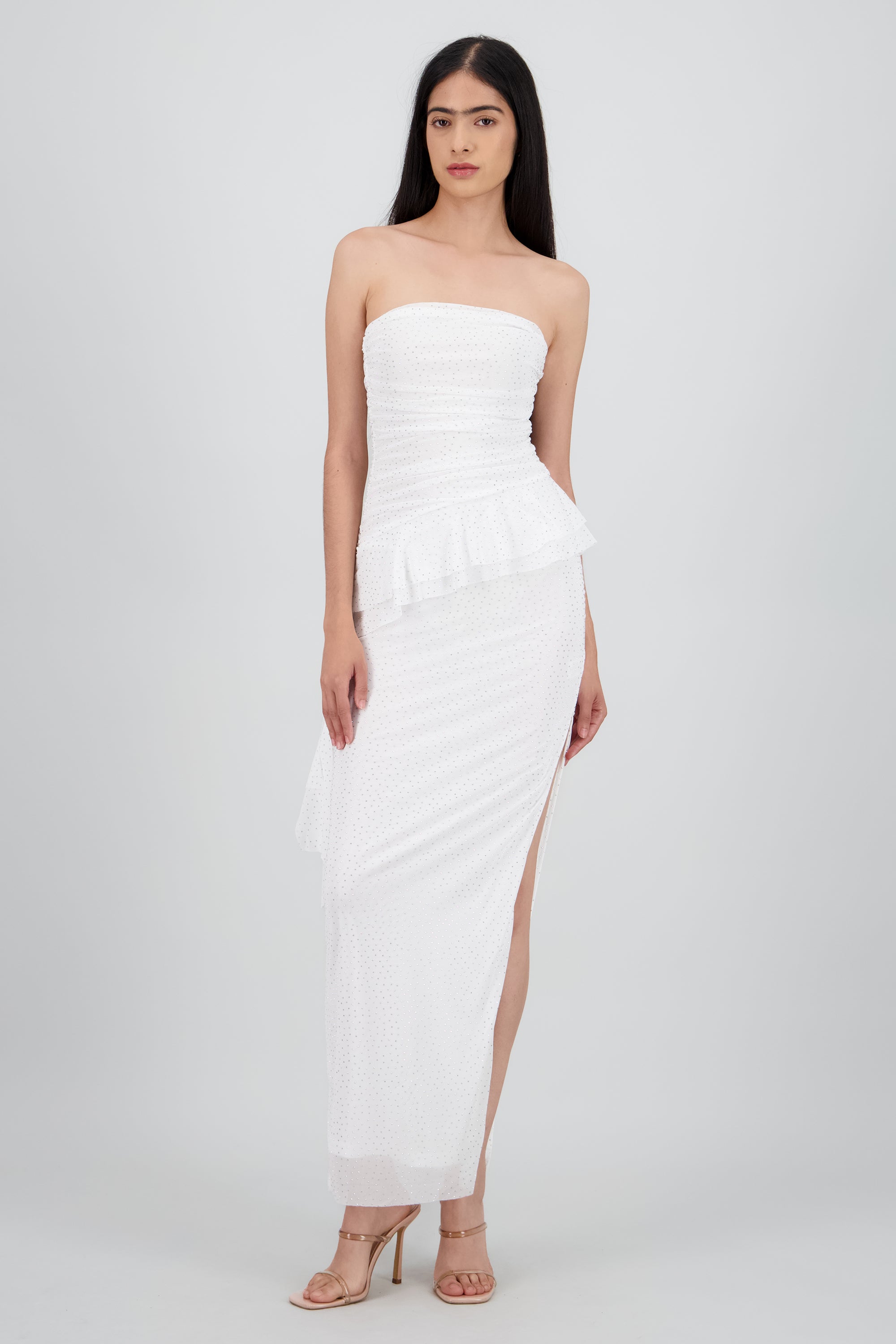 Maxivestido mesh con brillos tira asimetrica BLANCO