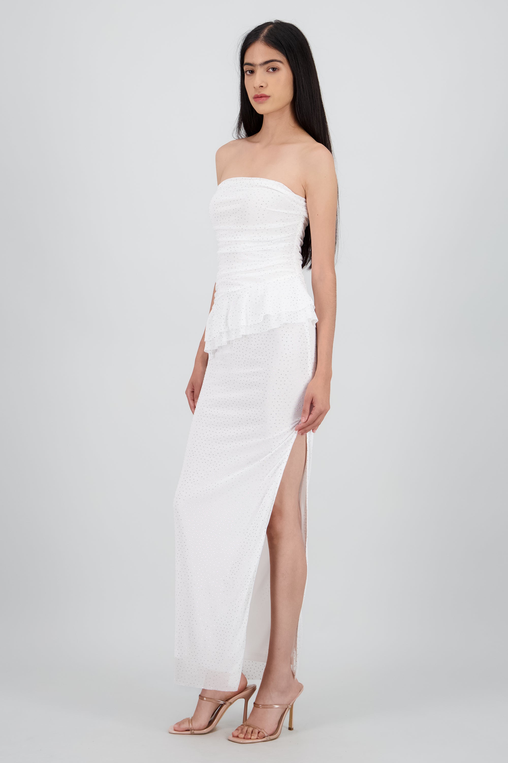 Maxivestido mesh con brillos tira asimetrica BLANCO