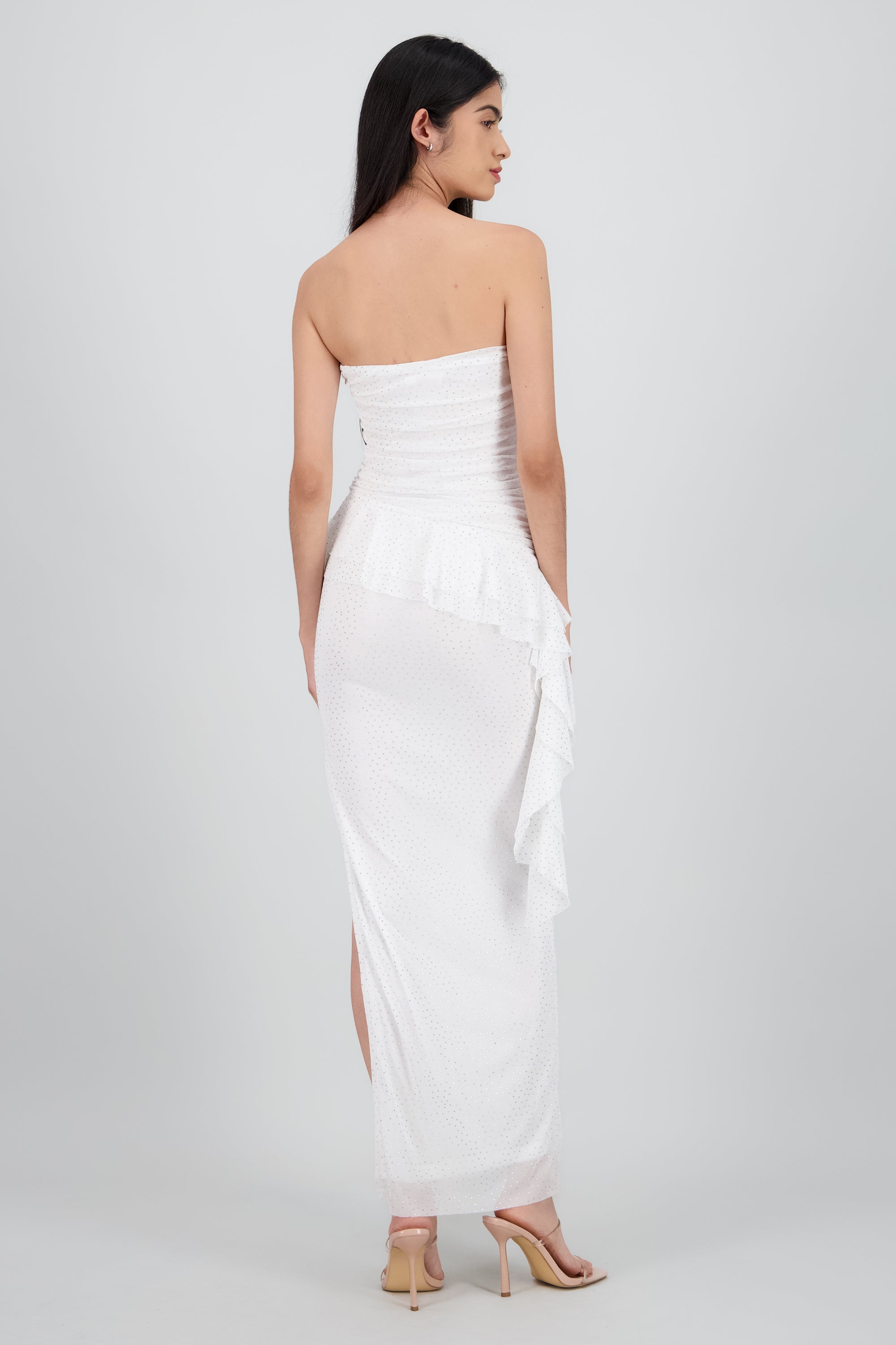 Maxivestido mesh con brillos tira asimetrica BLANCO