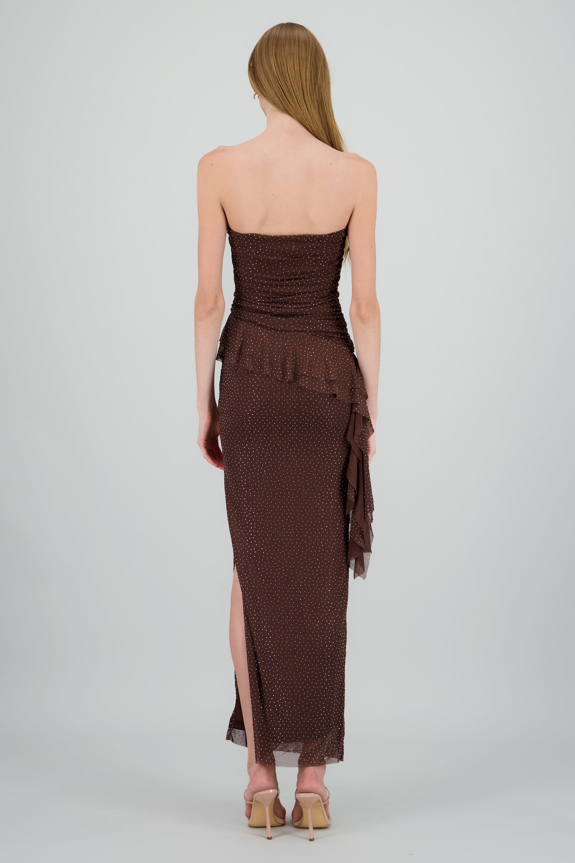 Maxivestido mesh con brillos tira asimetrica CHOCOLATE