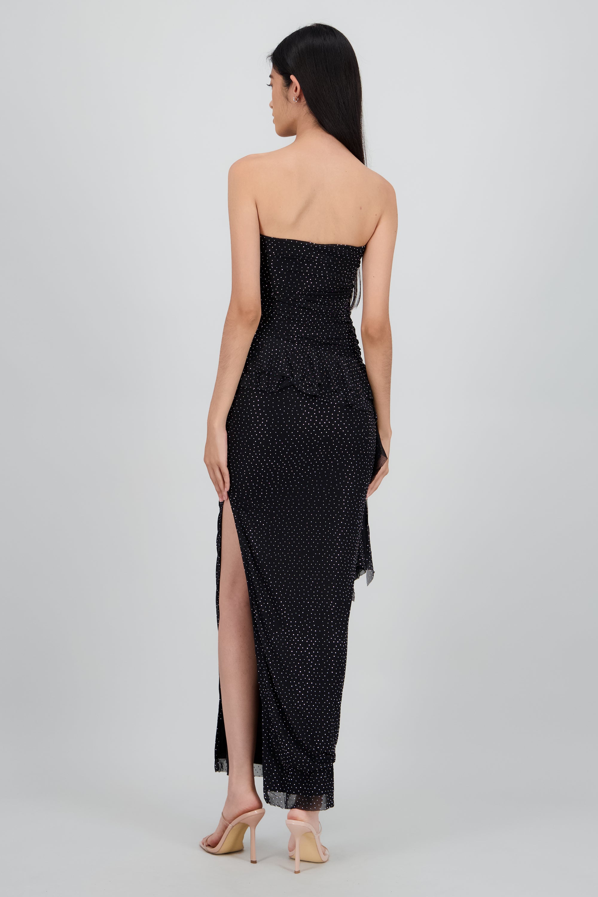 Maxivestido mesh con brillos tira asimetrica NEGRO