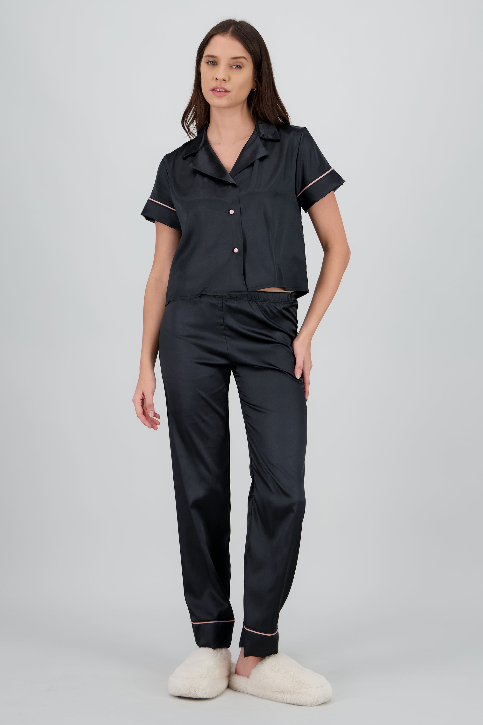 Pijama camisera satin pantalon m/c NEGRO