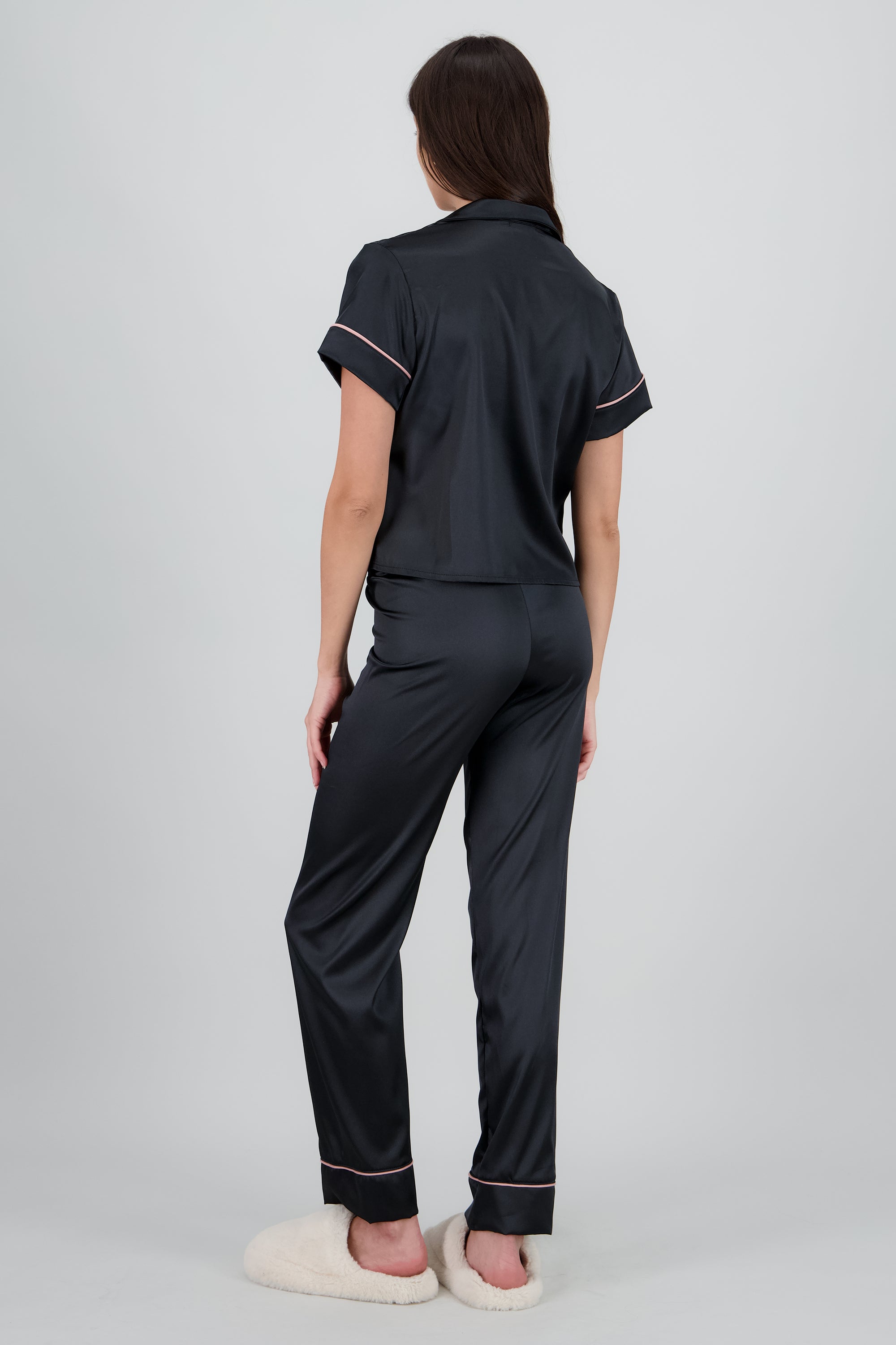 Pijama camisera satin pantalon m/c NEGRO