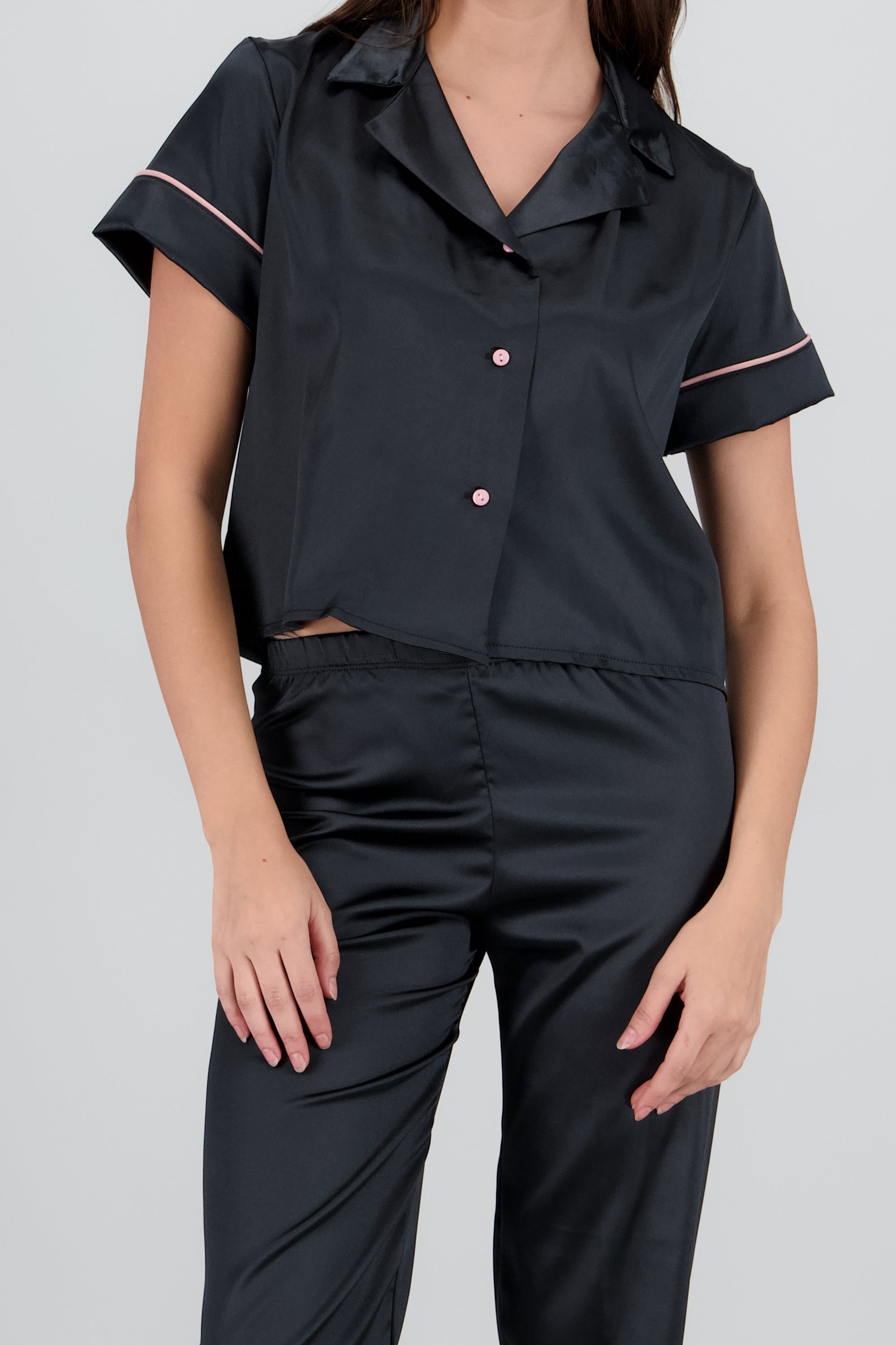 Pijama camisera satin pantalon m/c NEGRO