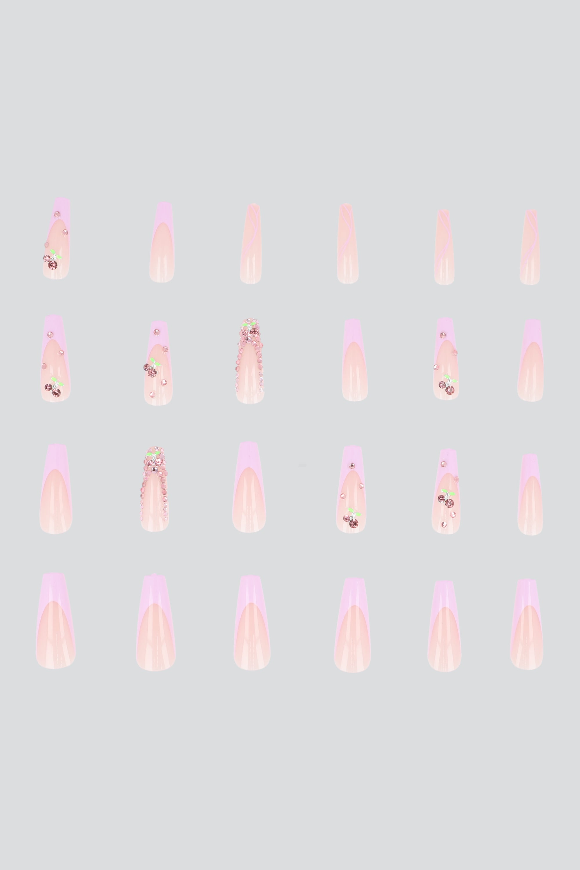 Set 24 uñas french mini cerezas PALO DE ROSA