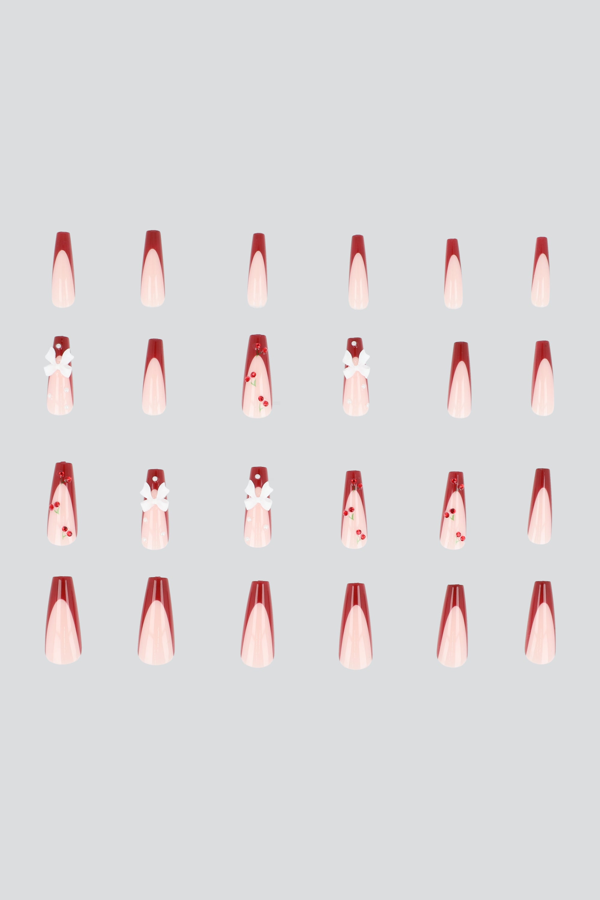 Set 24 uñas french moños cereza ROJO