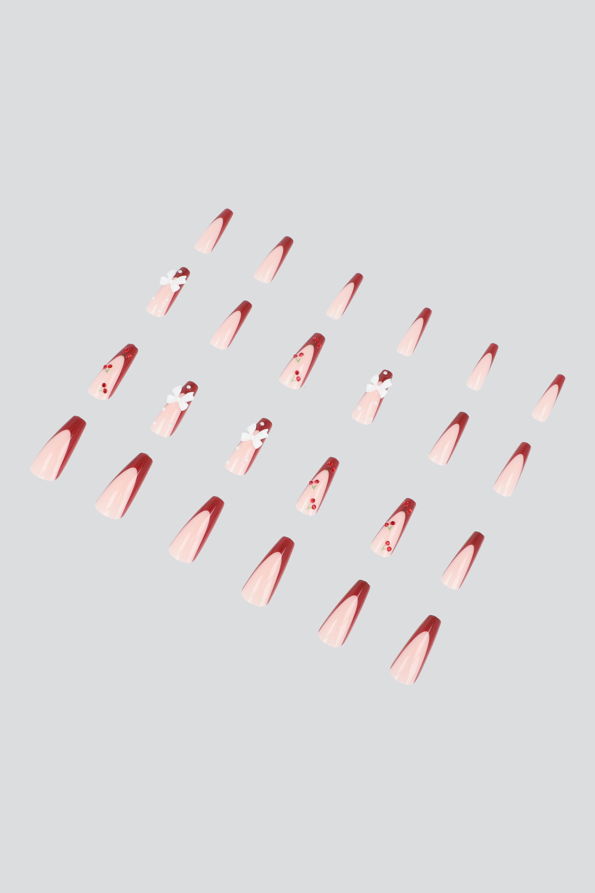 Set 24 uñas french moños cereza ROJO