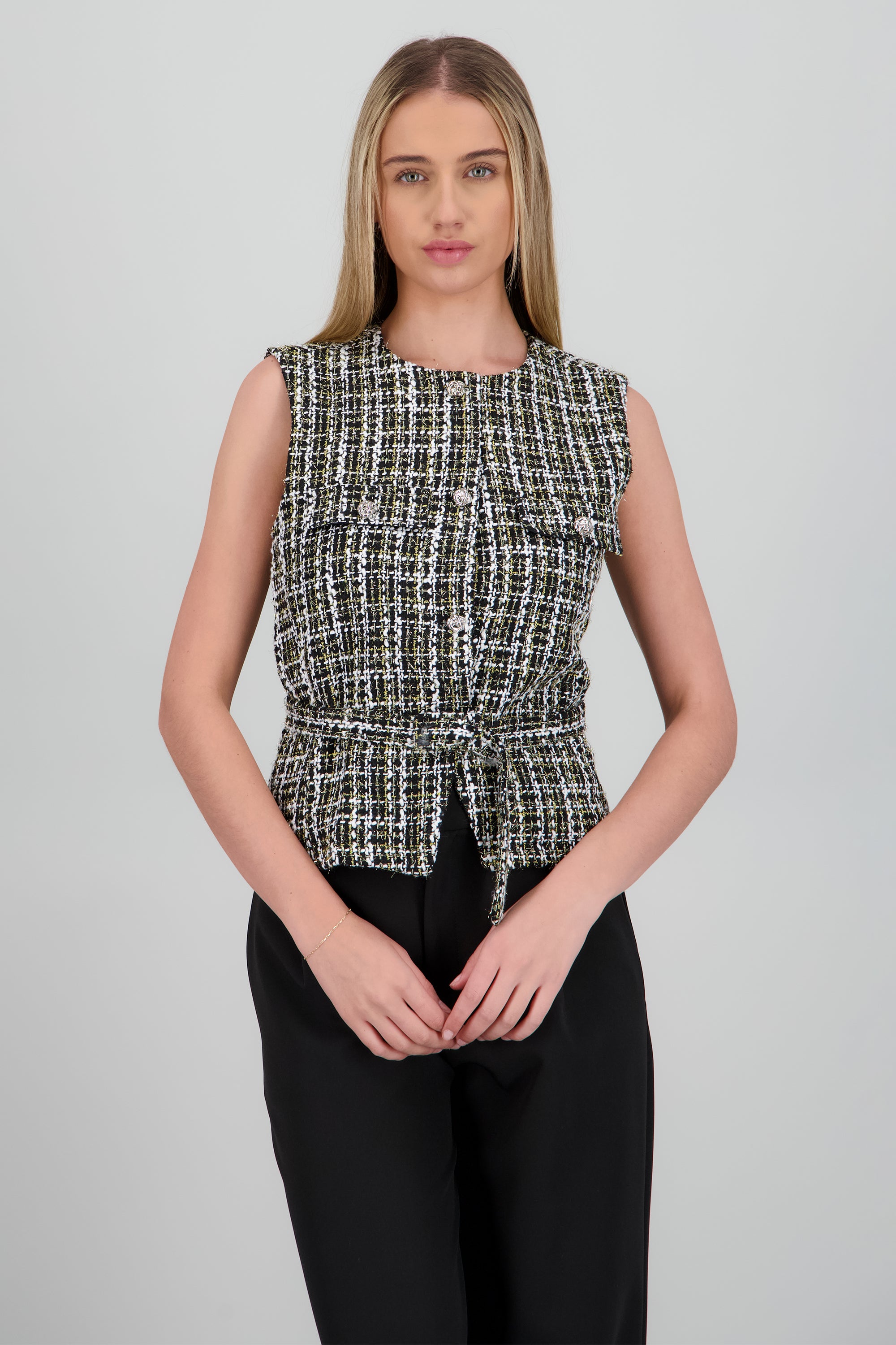Chaleco tweed botones detalle cinturon NEGRO COMBO