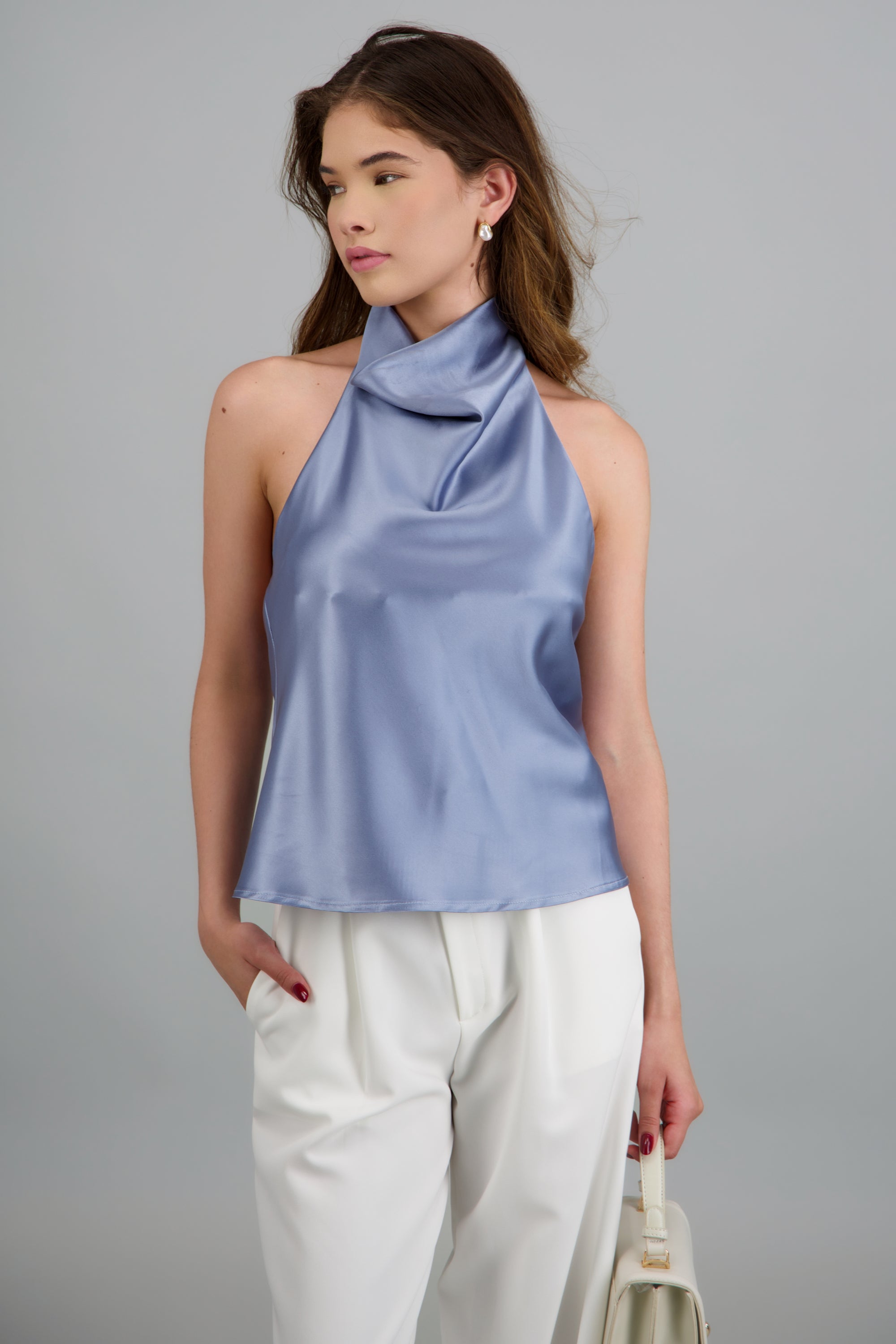 Top satín cuello cascada alto hypsters AZUL
