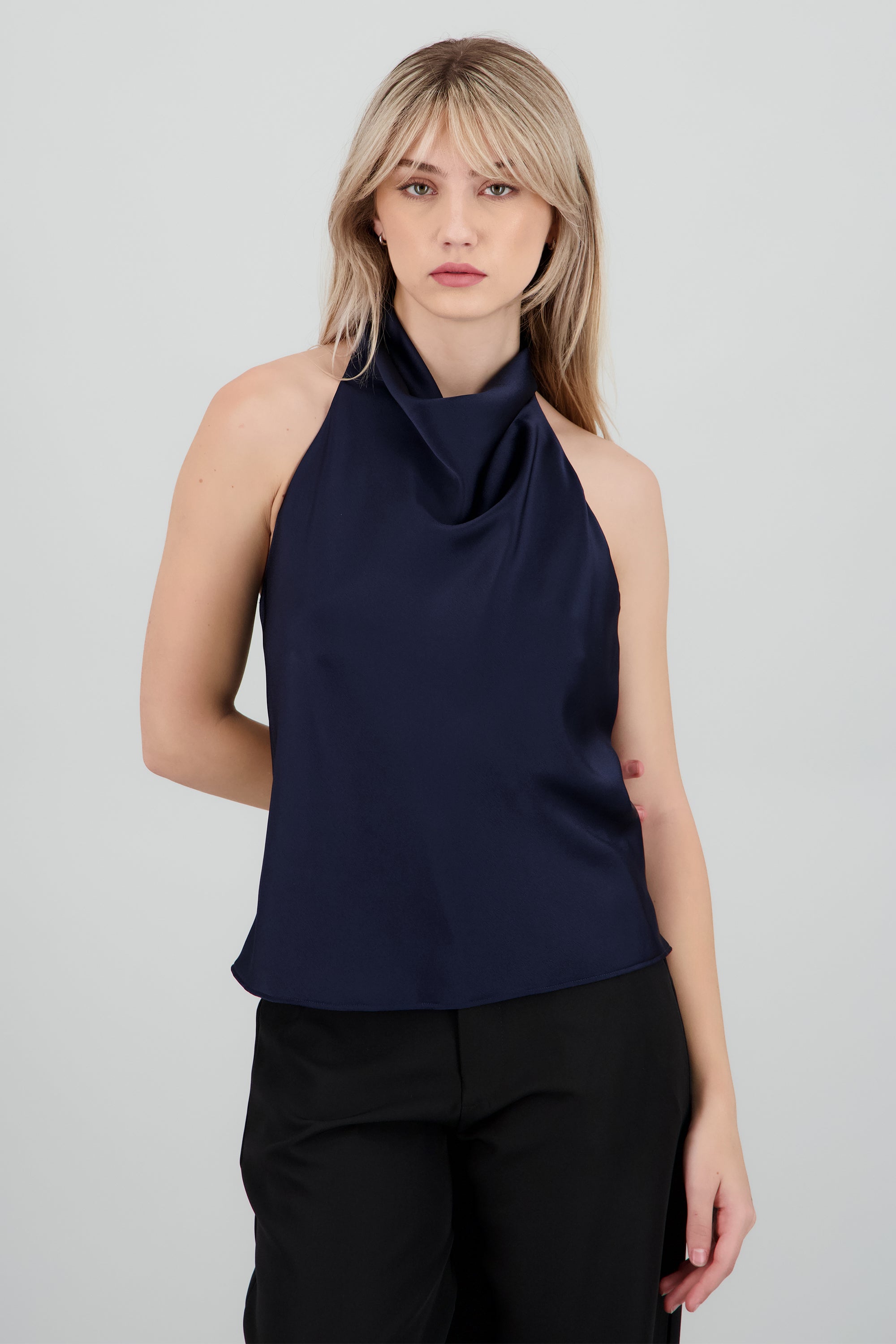 Top satin cuello cascada alto MARINO