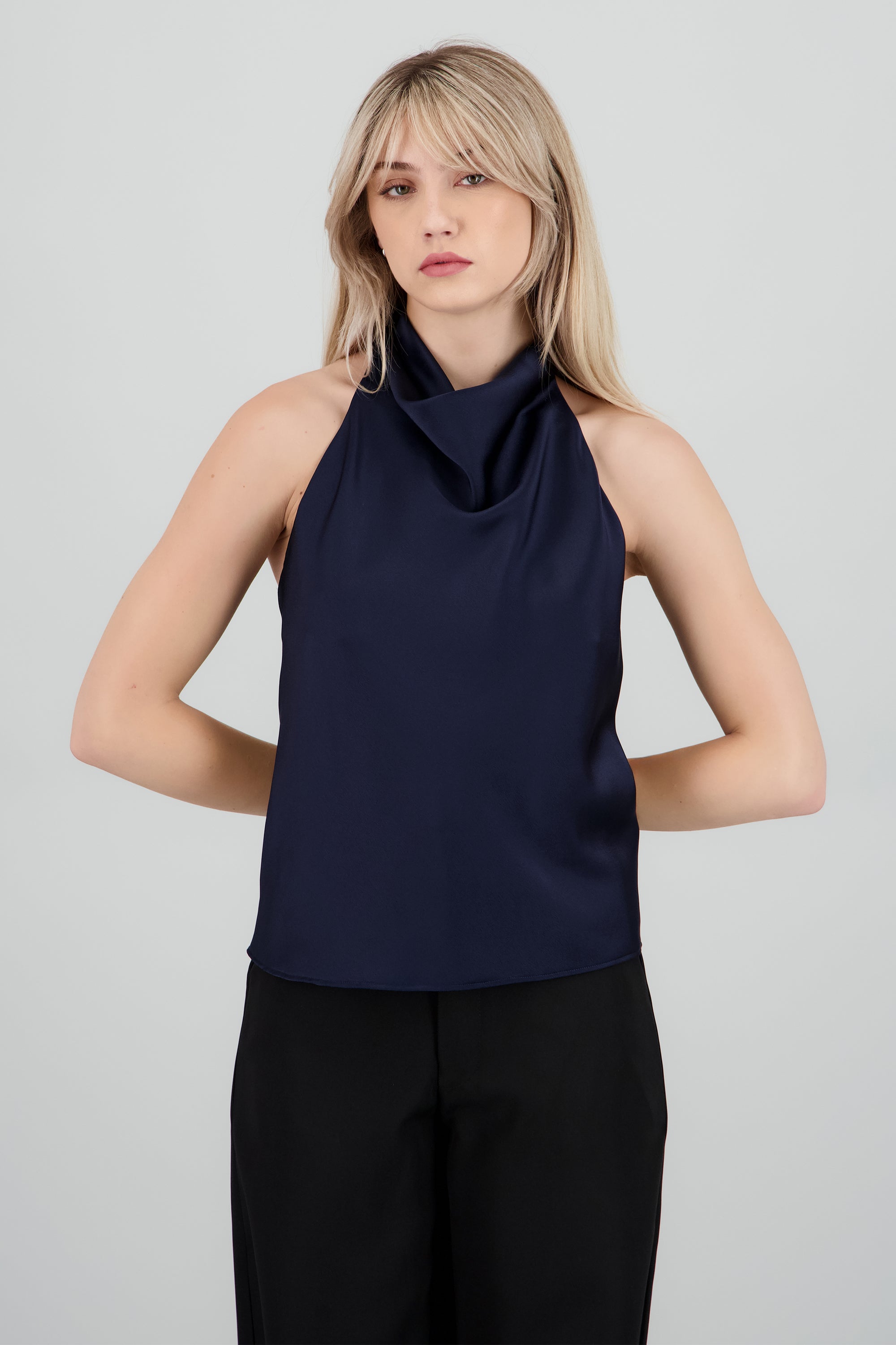 Top satin cuello cascada alto MARINO